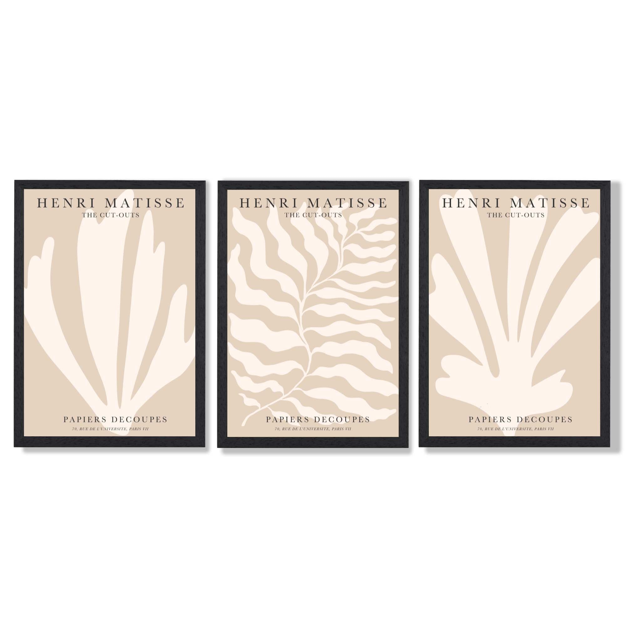 Set of 3 Matisse Botanical in Warm Beige Framed Wall Art with Black Wooden Frames
