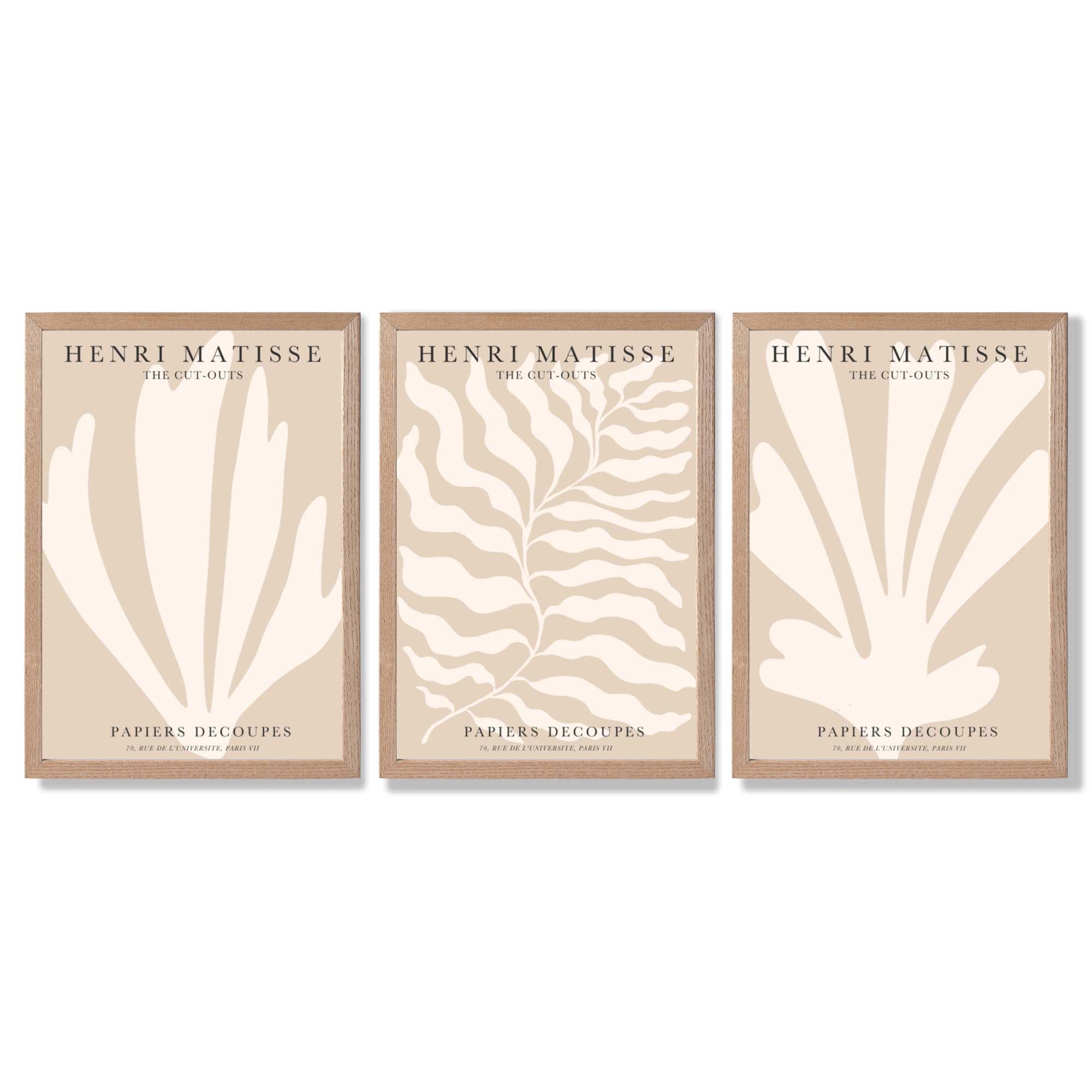Set of 3 Matisse Botanical in Warm Beige Framed Wall Art with Light Oak Frames