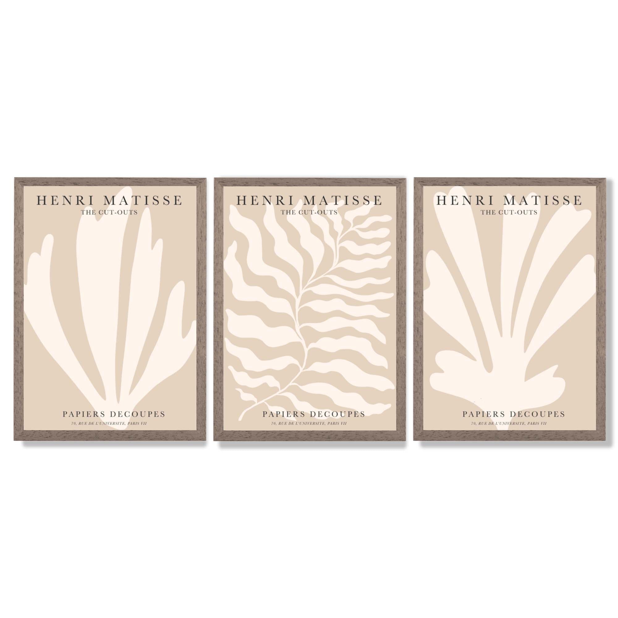 Set of 3 Matisse Botanical in Warm Beige Framed Wall Art with Light Walnut Frames