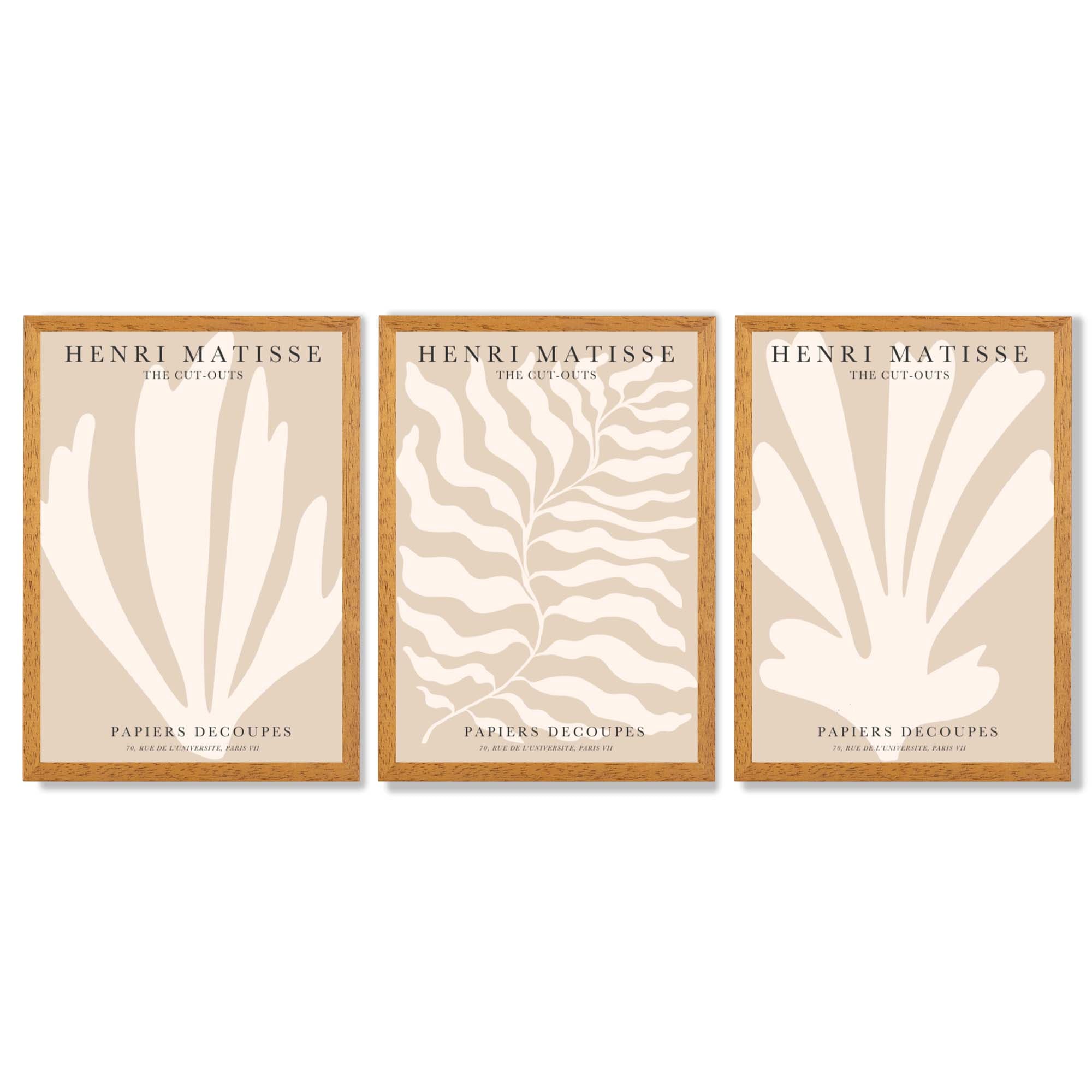 Set of 3 Matisse Botanical in Warm Beige Framed Wall Art with Oak Wooden Frames