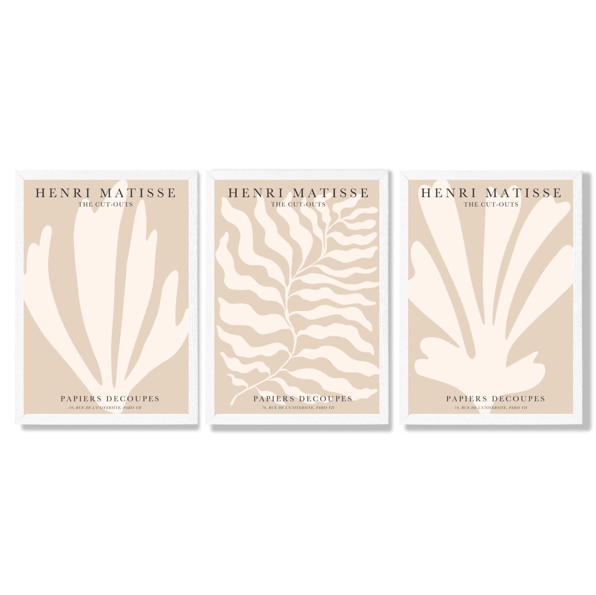 Set of 3 Matisse Botanical in Warm Beige Framed Wall Art with White Wooden Frames