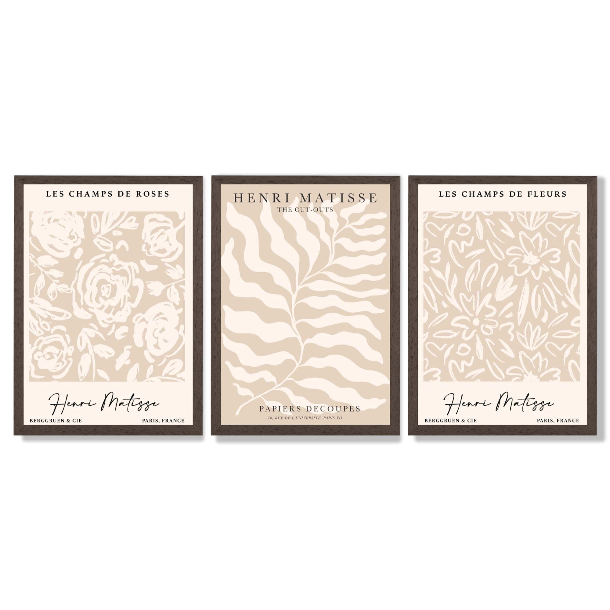 Matisse Warm Beige Set of 3 Floral Framed Wall Art with Dark Wood Frames