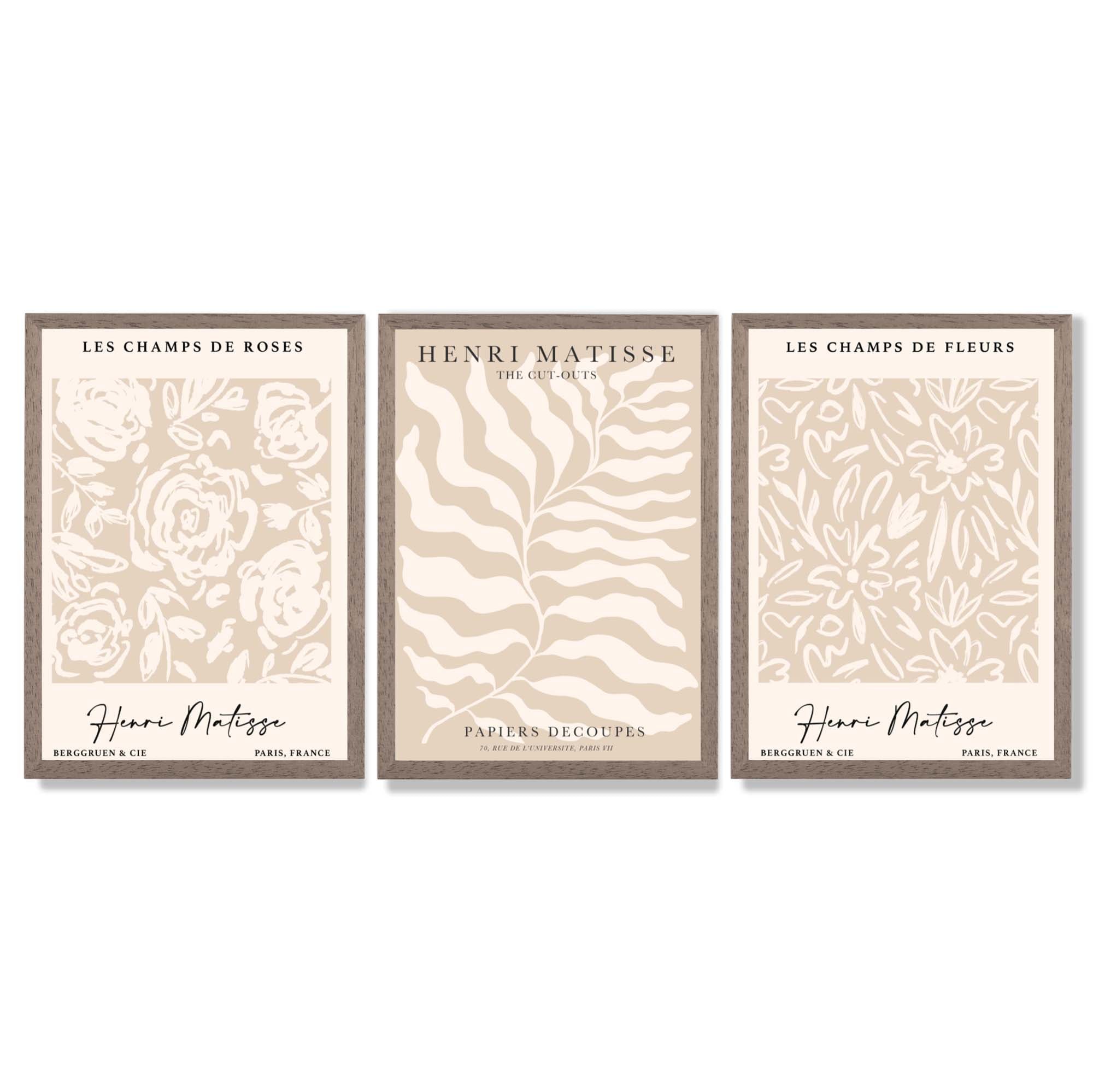 Matisse Warm Beige Set of 3 Floral Framed Wall Art with Light Walnut Frames