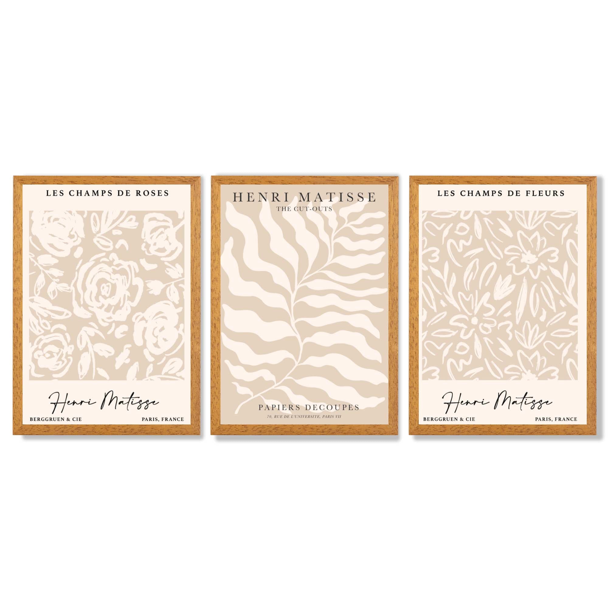 Matisse Warm Beige Set of 3 Floral Framed Wall Art with Oak Wooden Frames