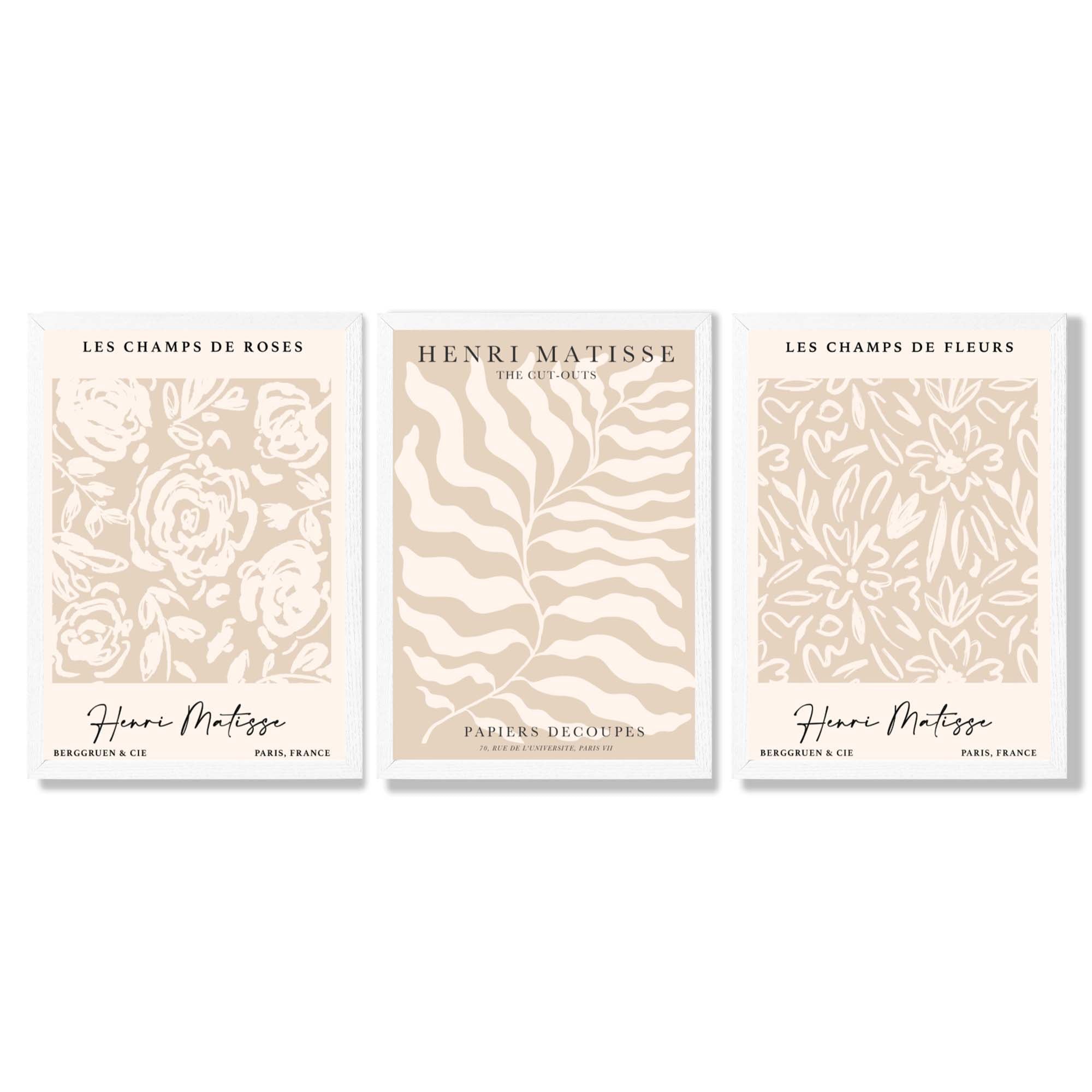 Matisse Warm Beige Set of 3 Floral Framed Wall Art with White Wooden Frames