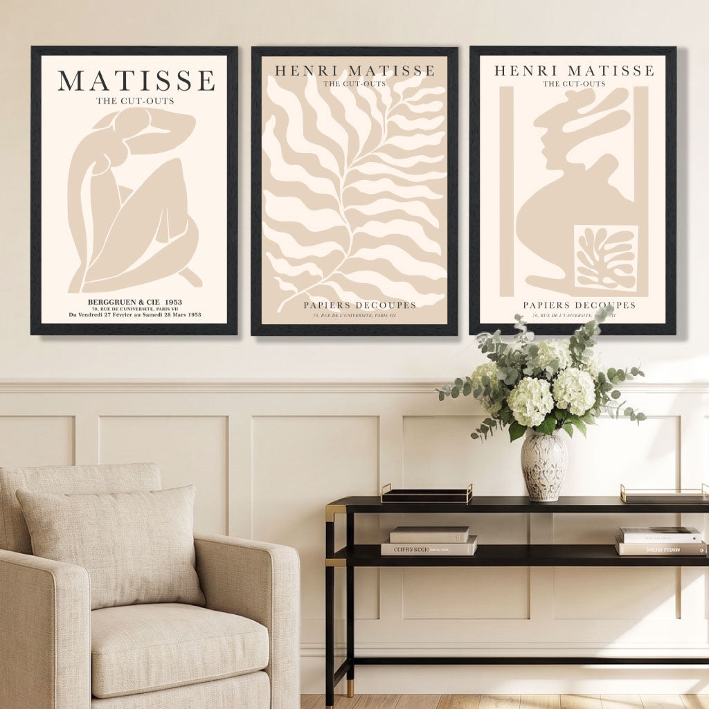 Matisse Warm Beige Set of 3 Lifestyle Framed Wall Art with Black Wooden Frames