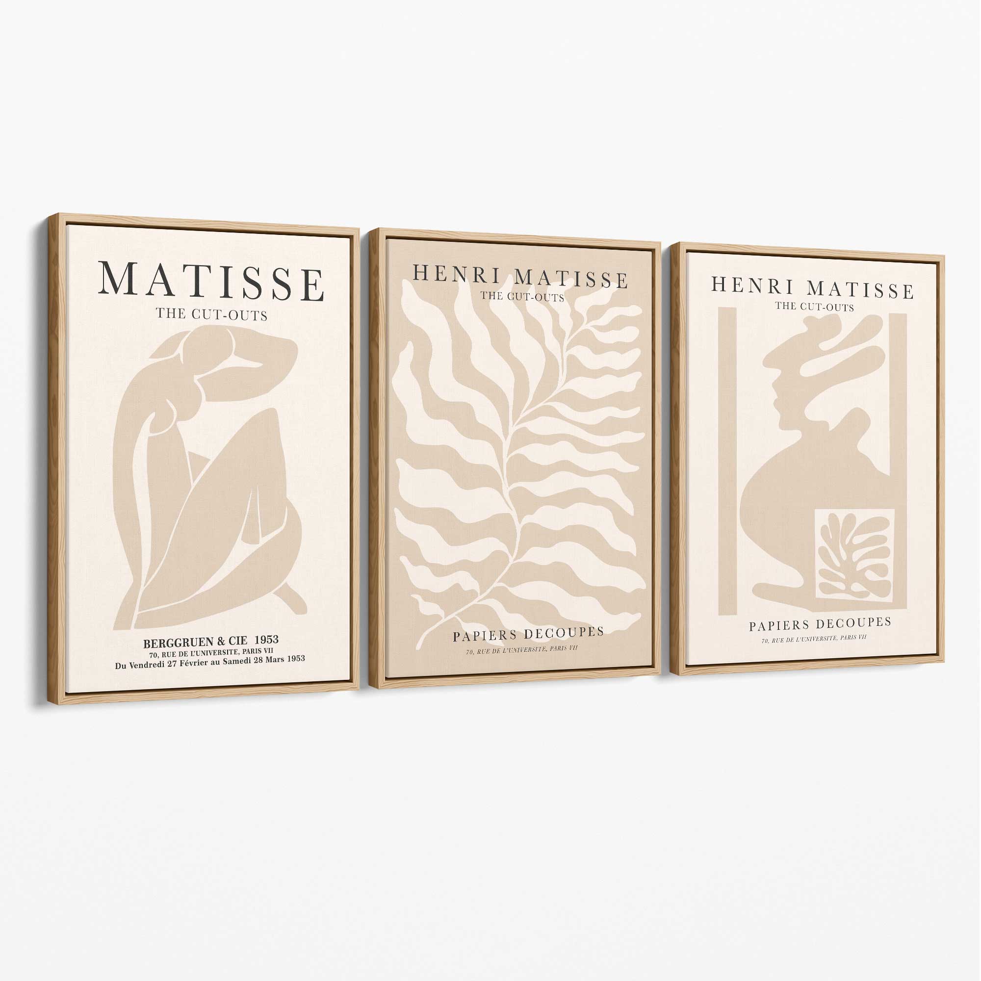 Matisse Warm Beige Set of 3 Lifestyle Canvas Prints with Oak Float Frame