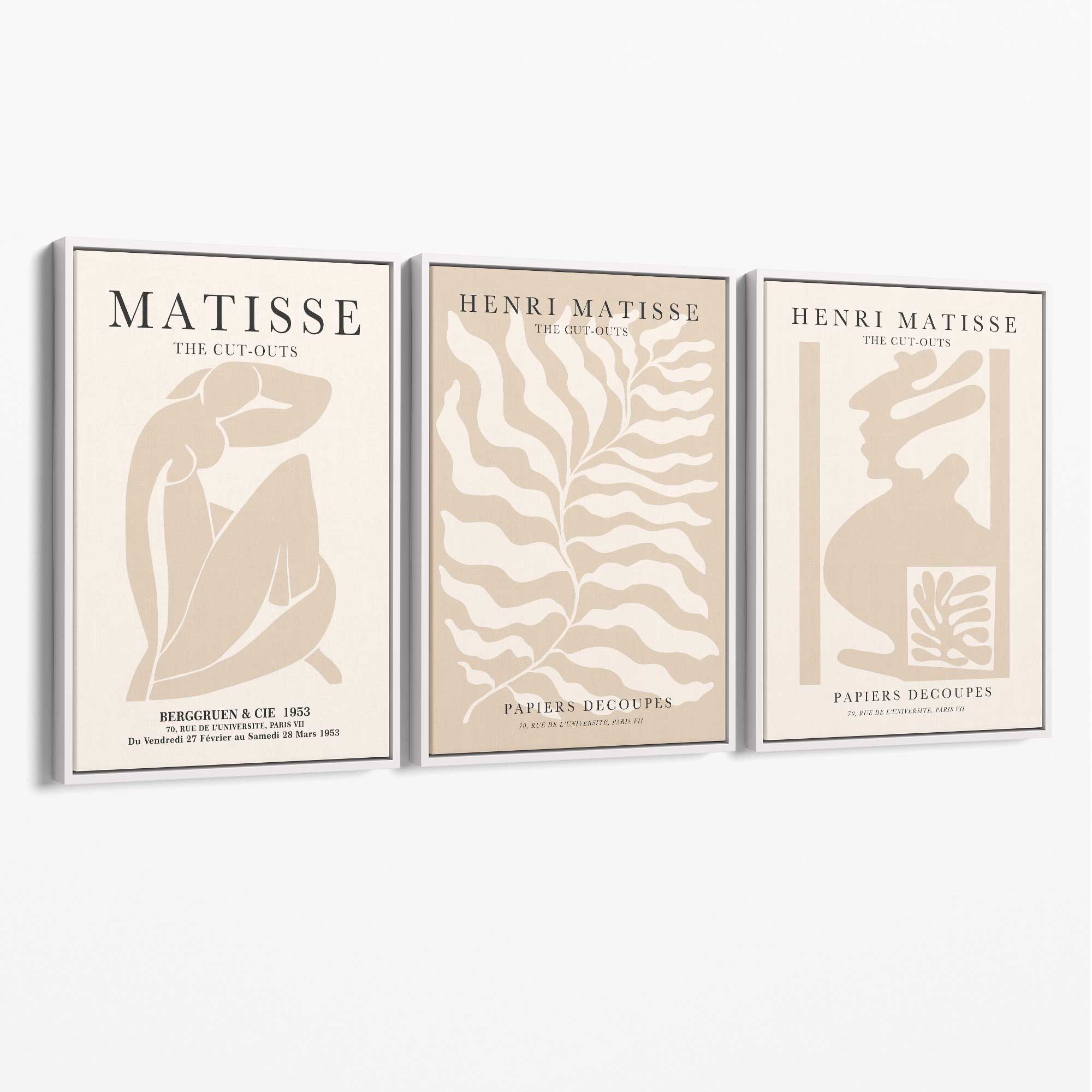 Matisse Warm Beige Set of 3 Lifestyle Canvas Prints with White Float Frame