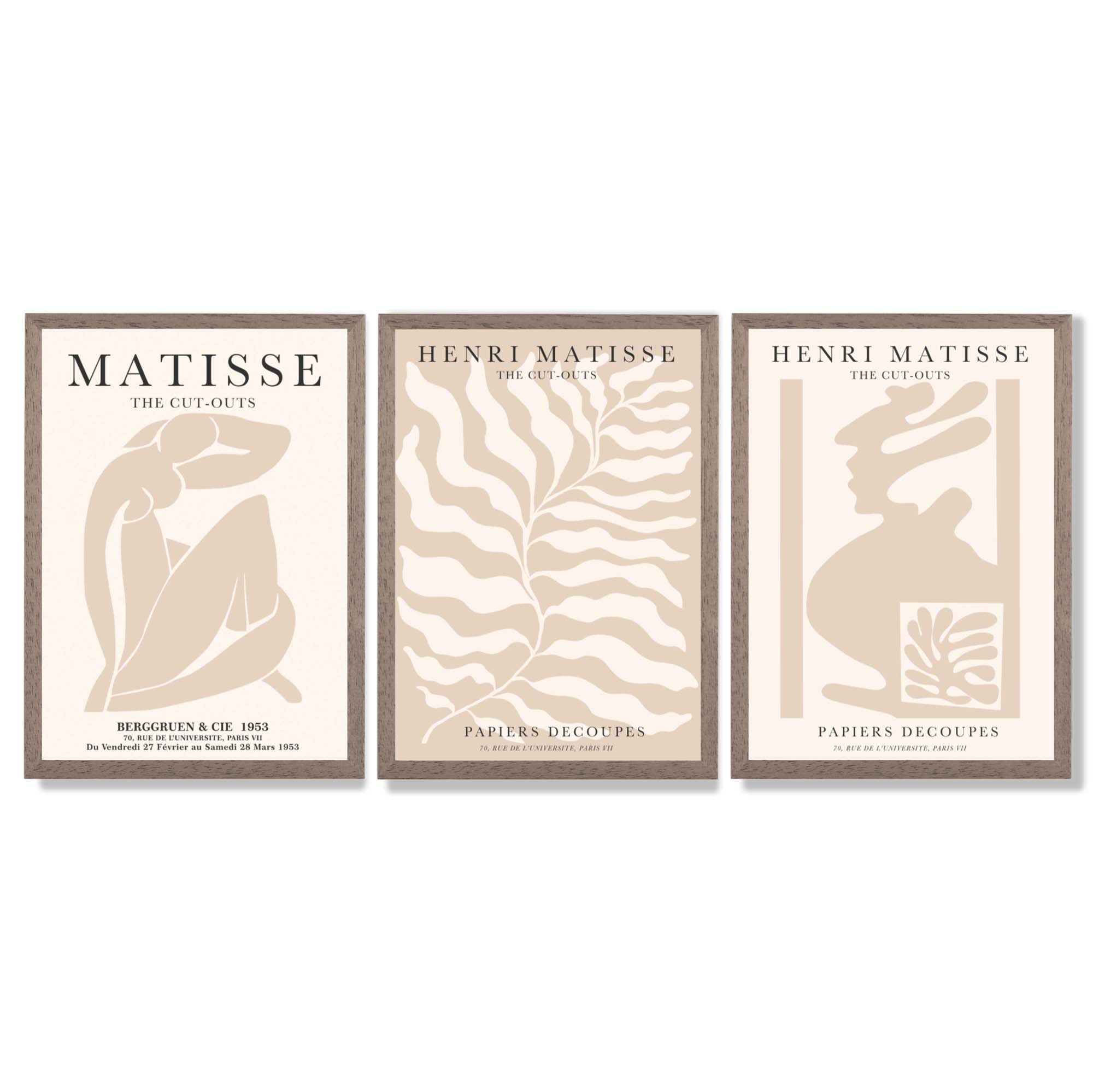 Matisse Warm Beige Set of 3 Lifestyle Framed Wall Art with Light Walnut Frames