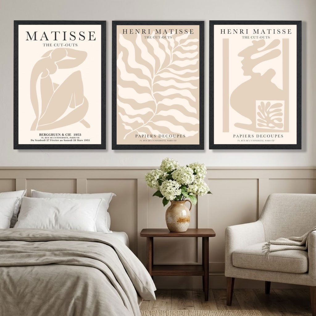 Matisse Warm Beige Set of 3 Lifestyle Art Prints in White Frames | Artze UK