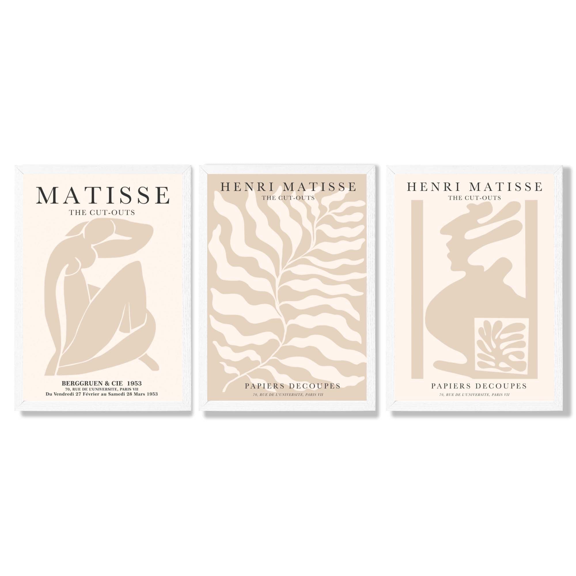 Matisse Warm Beige Set of 3 Lifestyle Framed Wall Art with White Wooden Frames