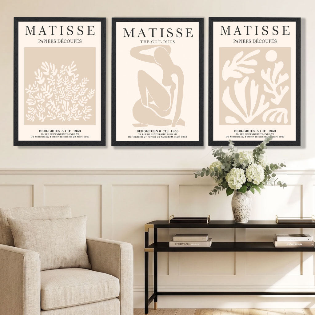 Matisse Set of 3 Beige Botanical Framed Wall Art with Black Wooden Frames