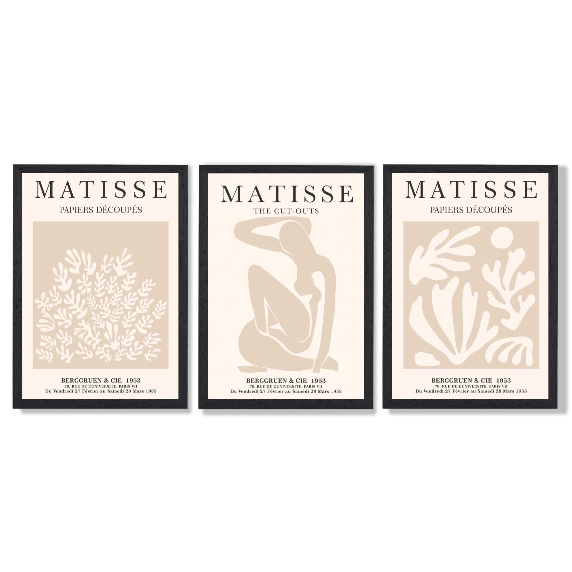 Matisse Set of 3 Beige Botanical Framed Wall Art with Black Wooden Frames