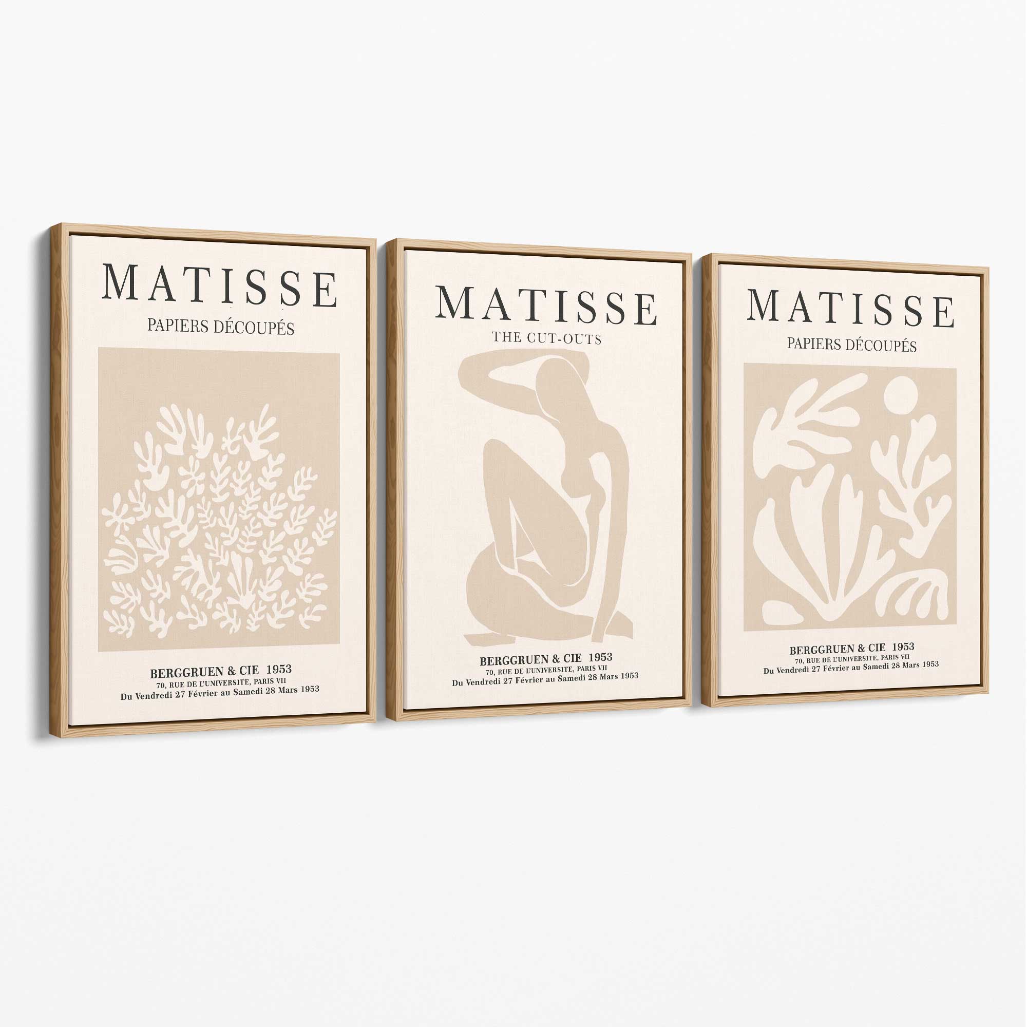 Matisse Set of 3 Beige Botanical Canvas Prints with Oak Float Frame