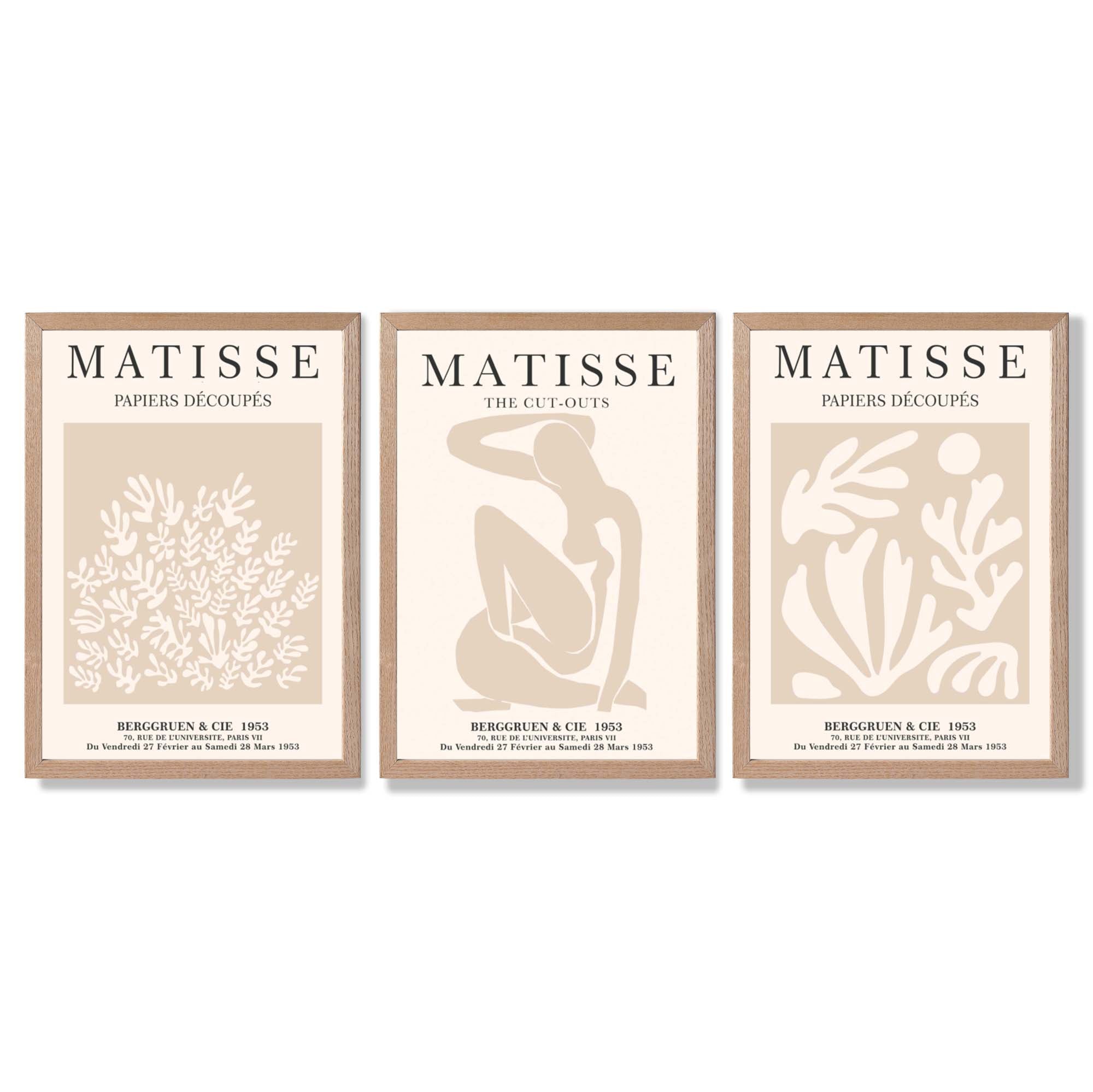 Matisse Set of 3 Beige Botanical Framed Wall Art with Light Oak Frames