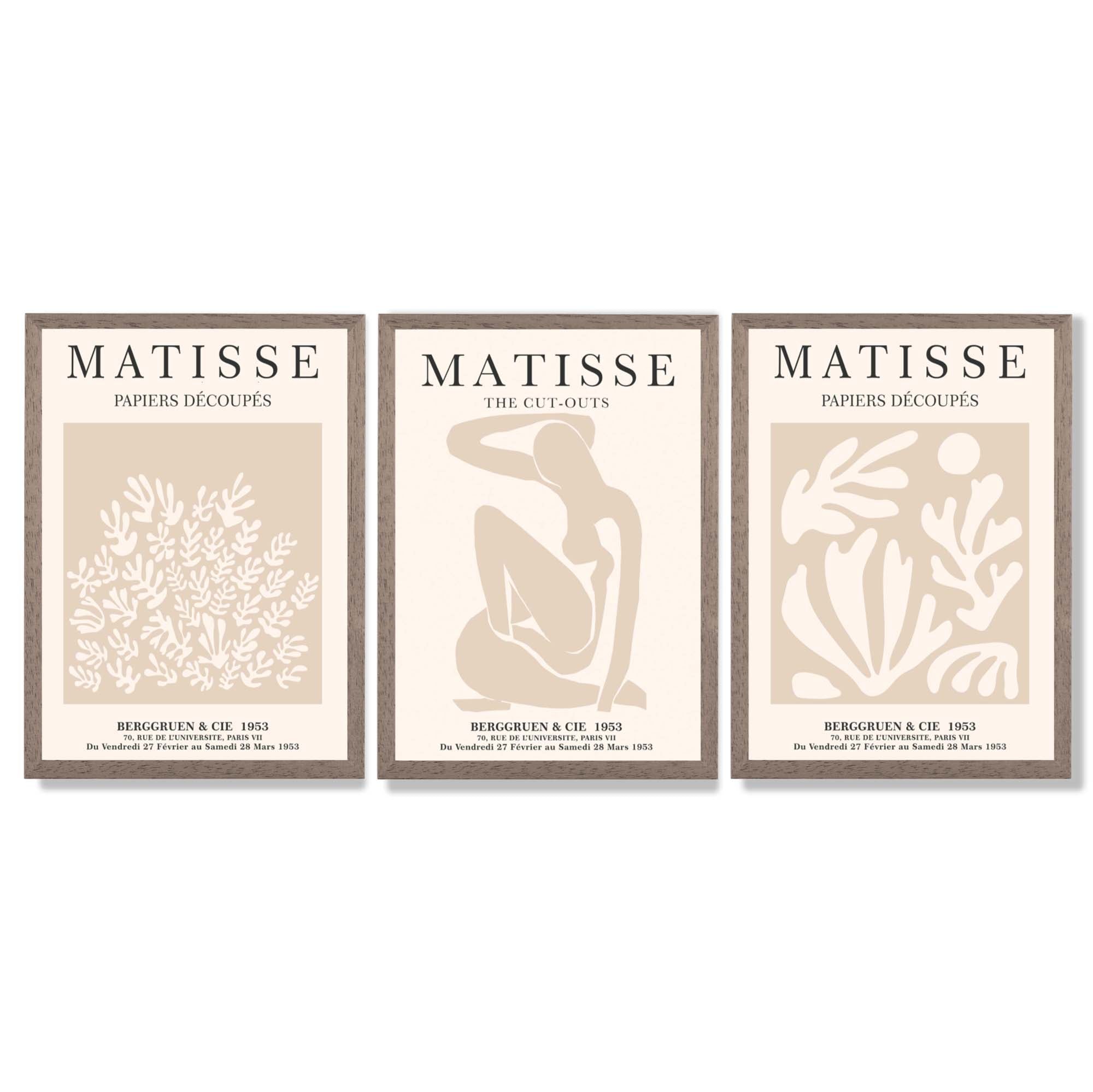Matisse Set of 3 Beige Botanical Framed Wall Art with Light Walnut Frames