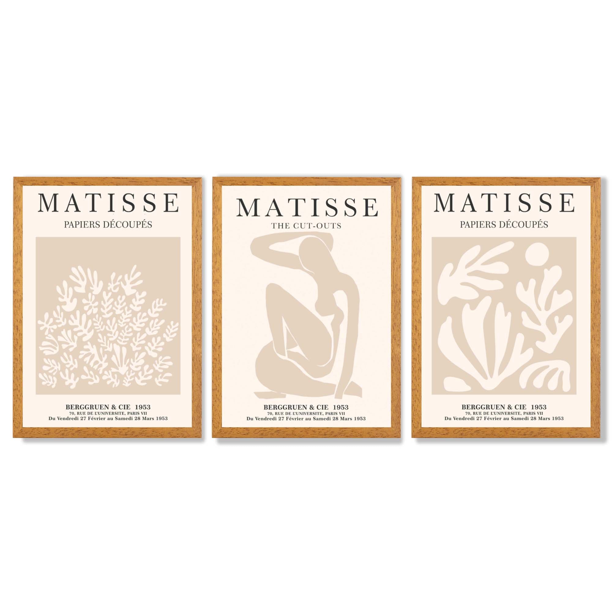 Matisse Set of 3 Beige Botanical Framed Wall Art with Oak Wooden Frames