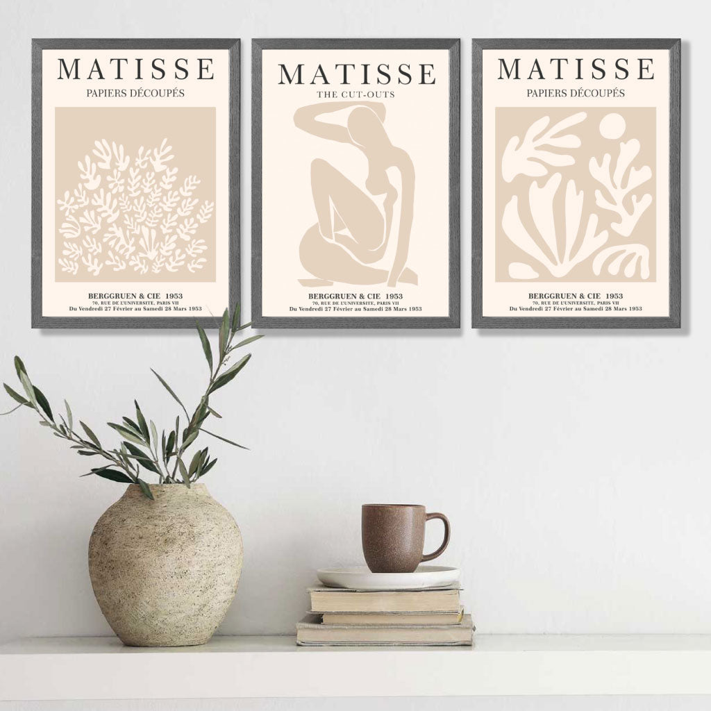 Matisse Set of 3 Beige Botanical Art Prints in Oak Frames | Artze UK