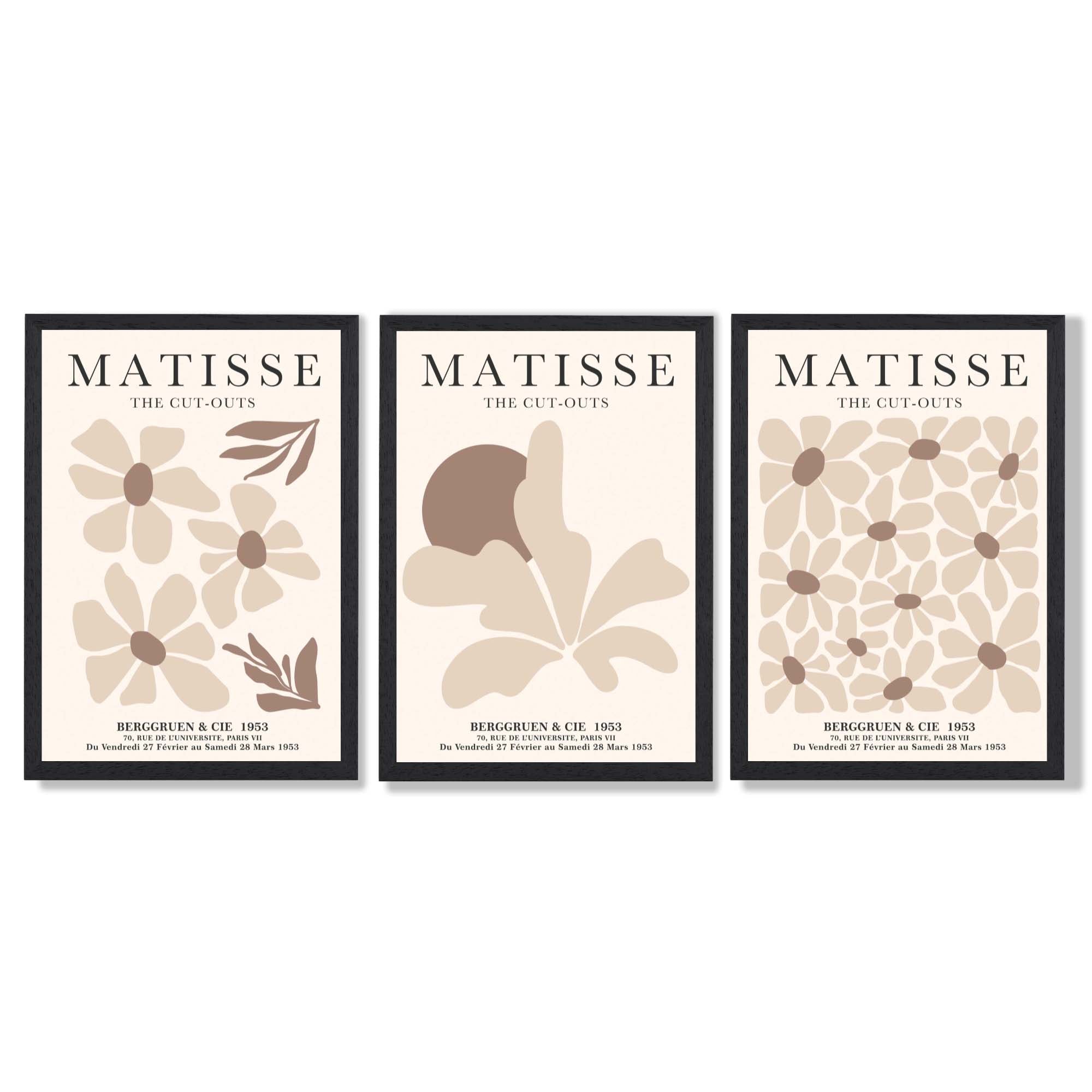 Matisse Florals Set of 3 Beige Framed Wall Art with Black Wooden Frames