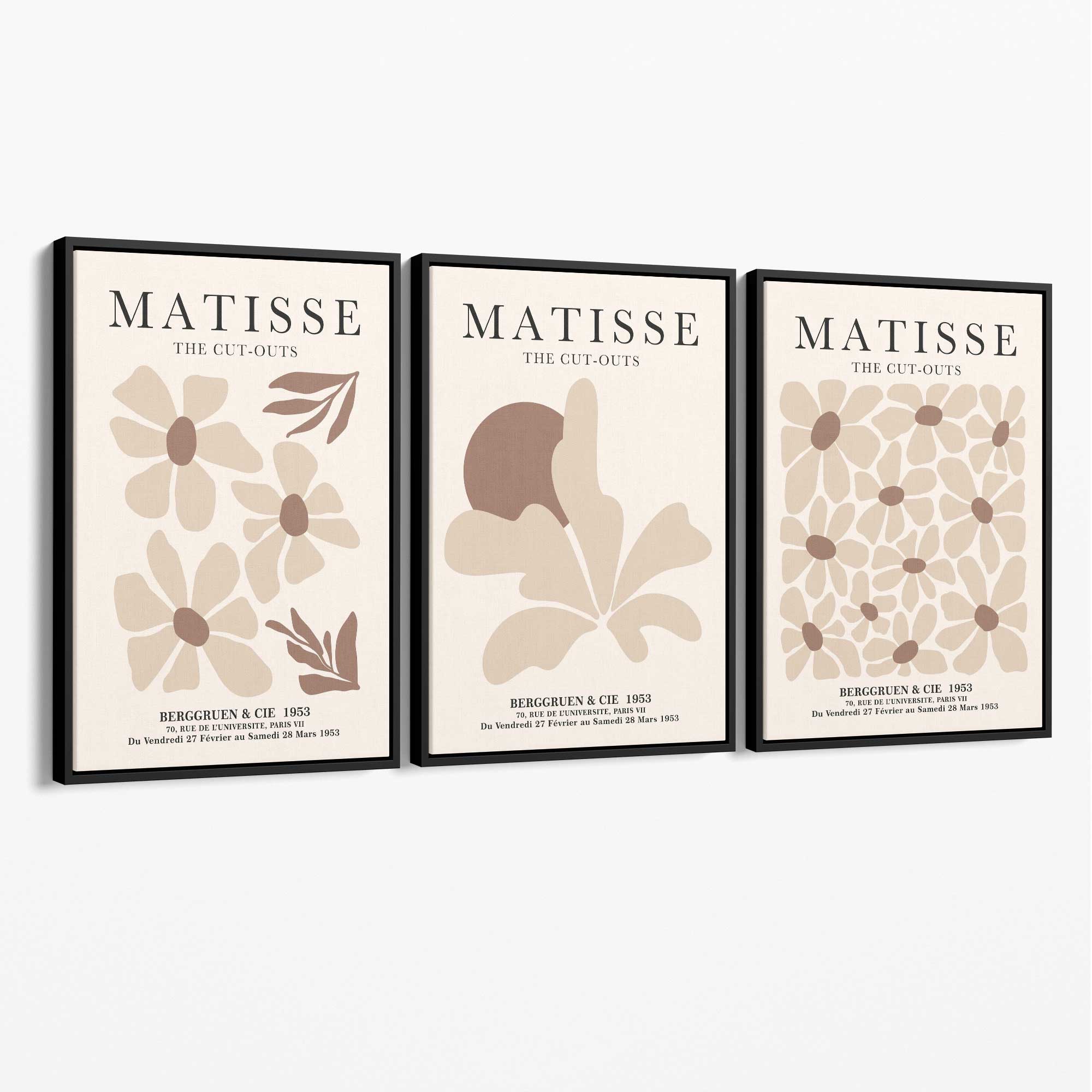 Matisse Florals Set of 3 Beige Canvas Prints with Black Float Frame