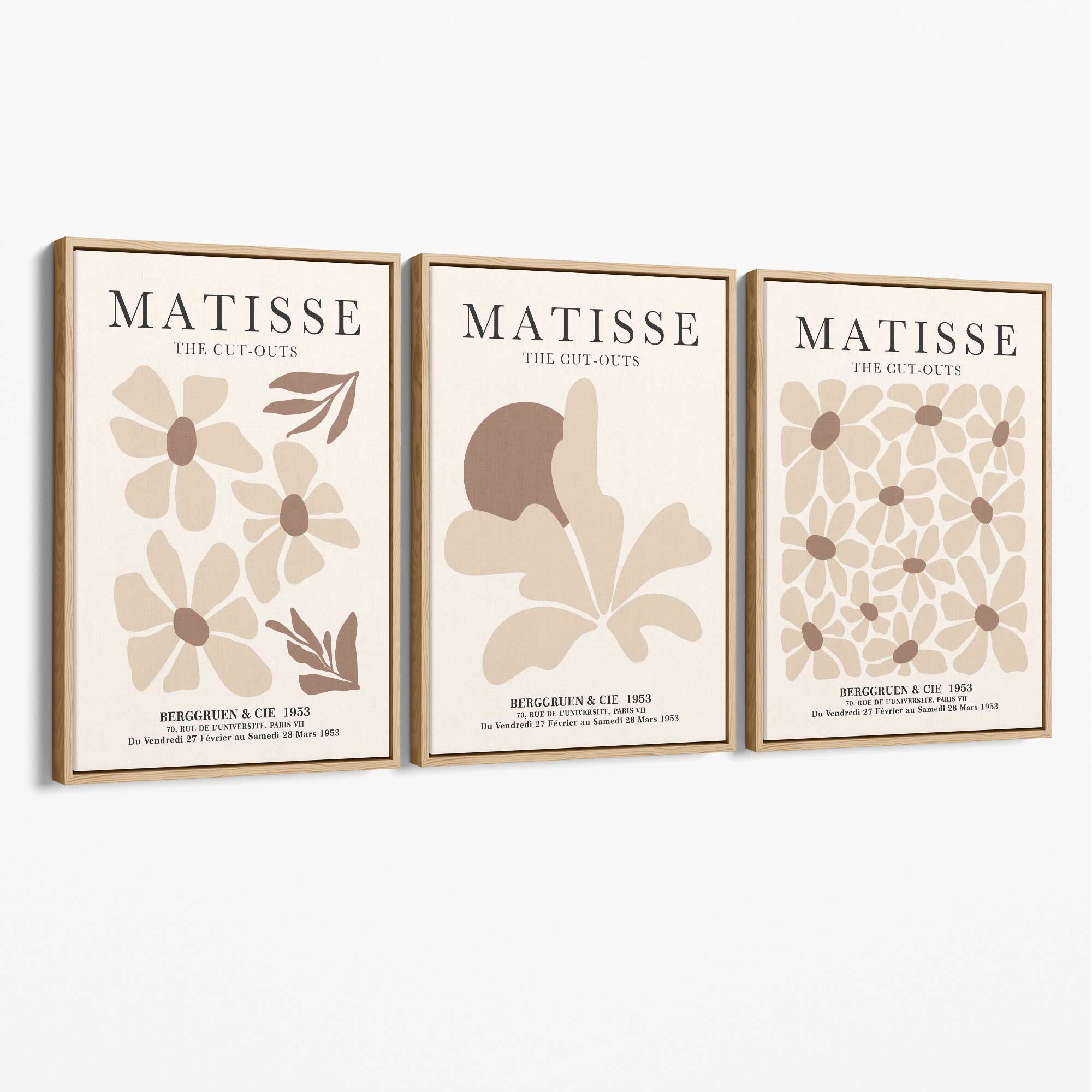 Matisse Florals Set of 3 Beige Canvas Prints with Oak Float Frame