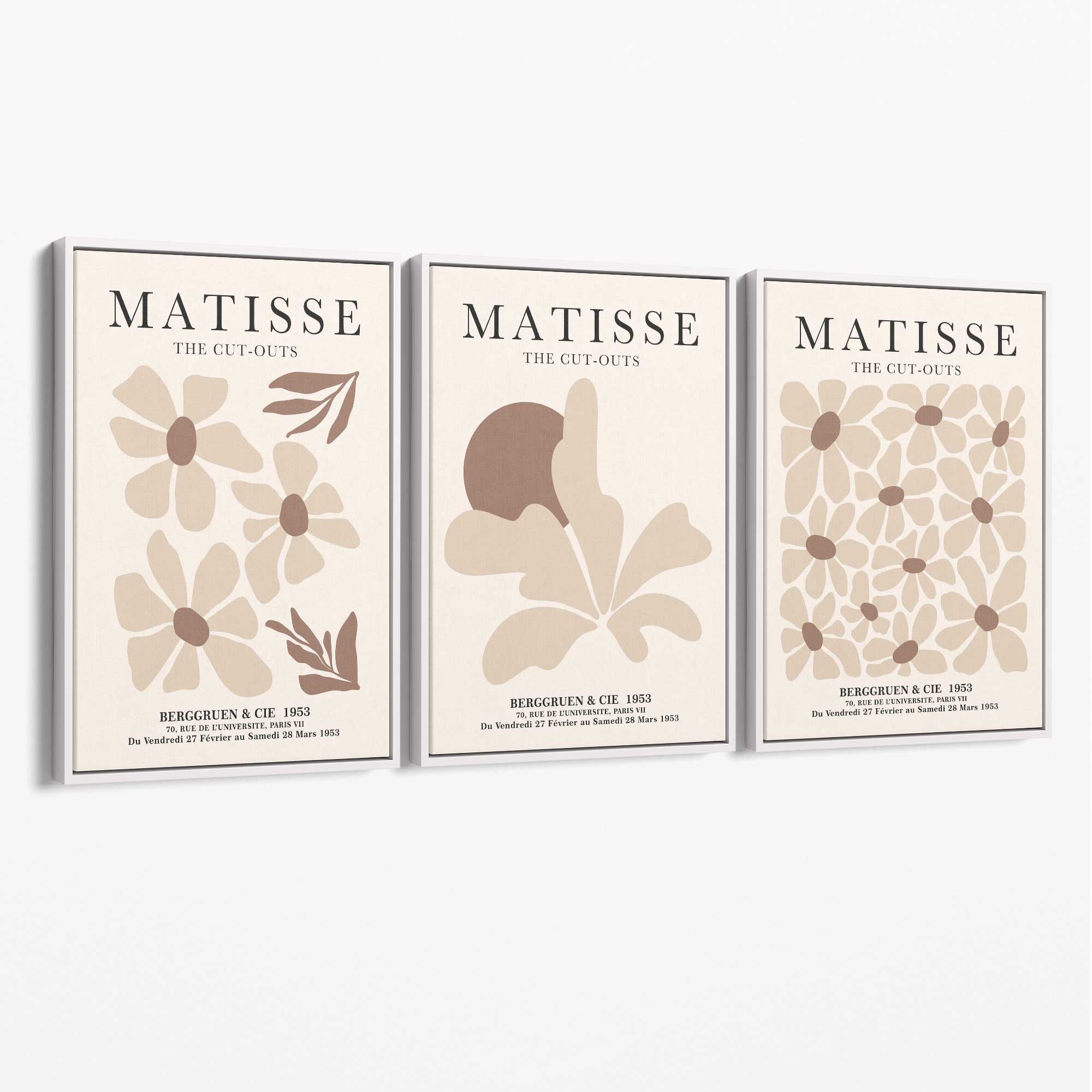 Matisse Florals Set of 3 Beige Canvas Prints with White Float Frame