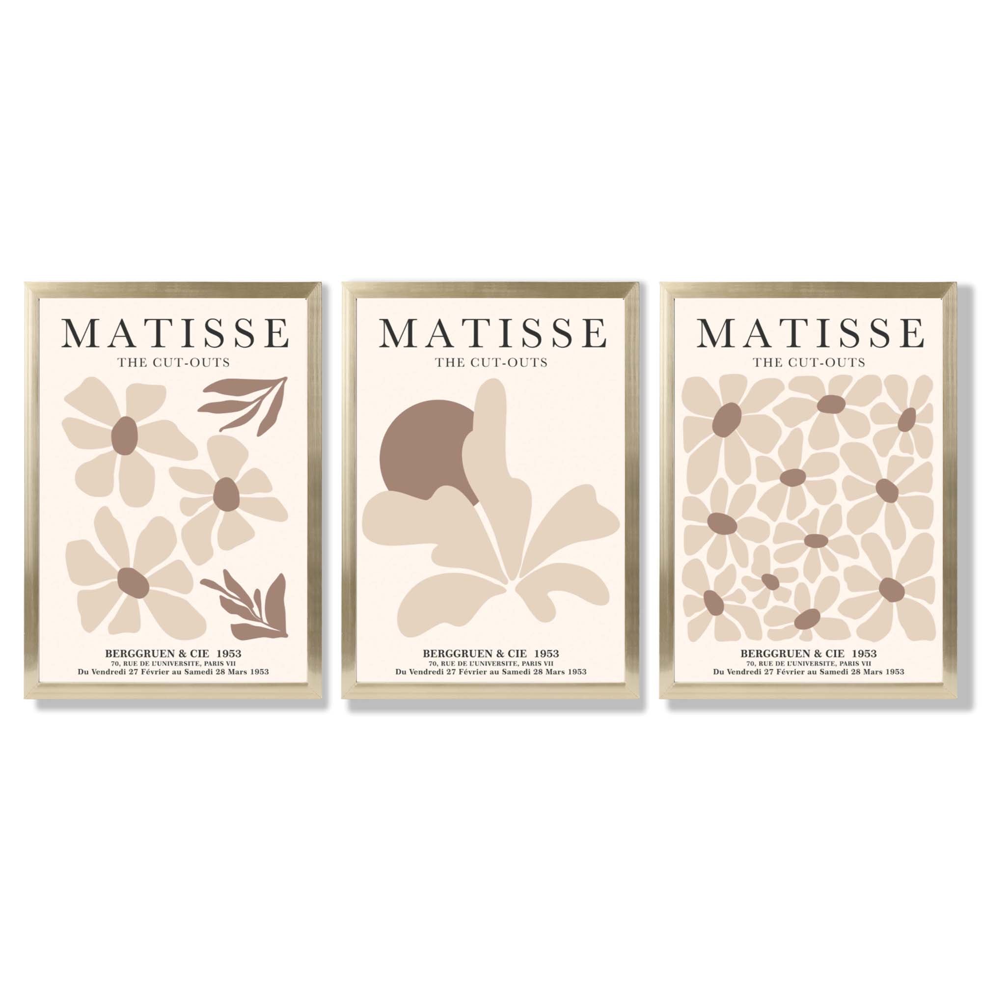 Matisse Florals Set of 3 Beige Framed Wall Art with Gold Wood Frames
