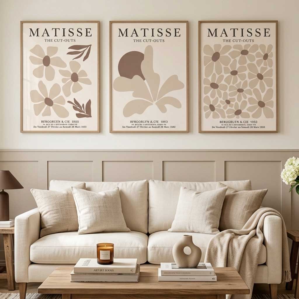 Matisse Florals Set of 3 Beige Art Prints in Black Frames | Artze UK