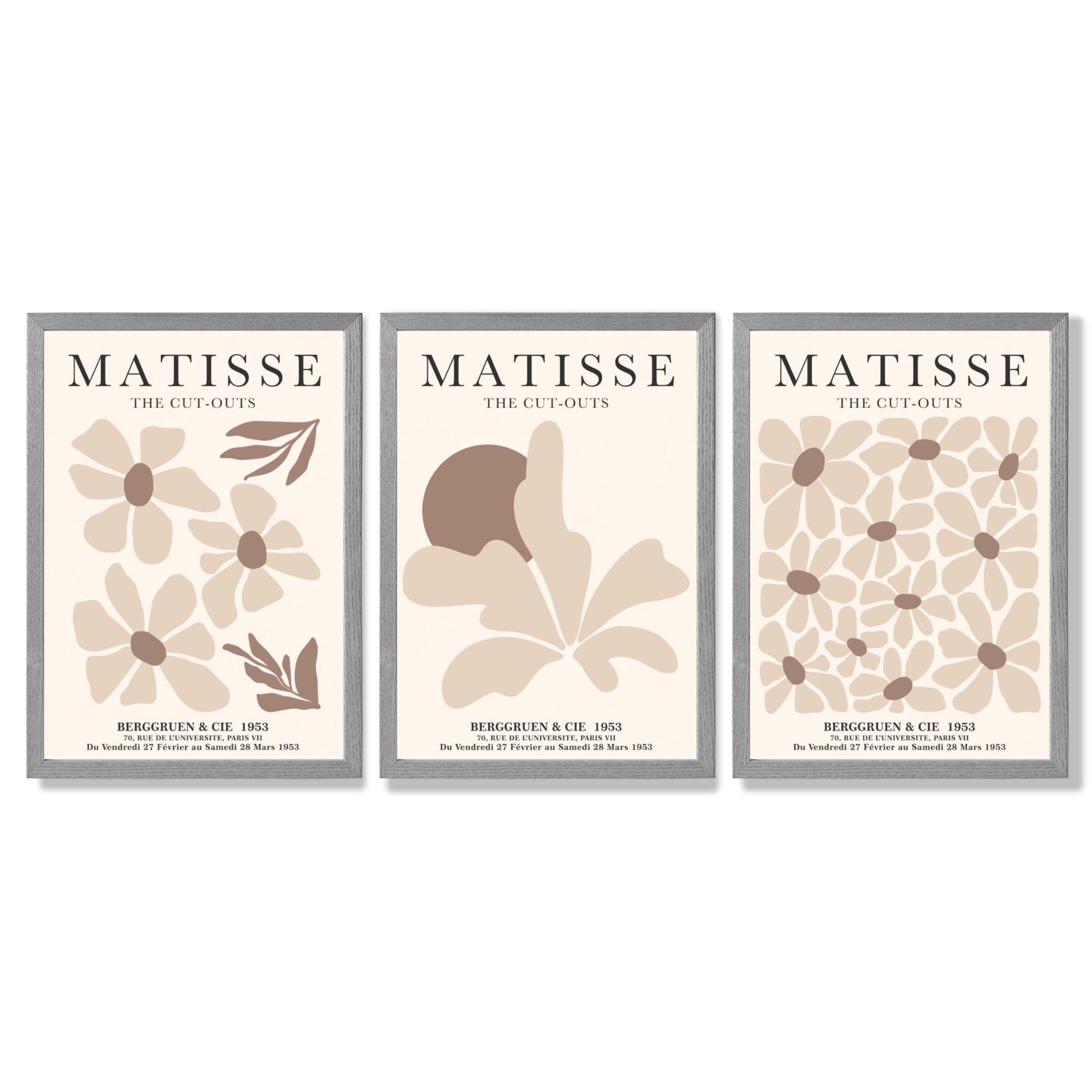 Matisse Florals Set of 3 Beige Framed Wall Art with Light Grey Wooden Frames