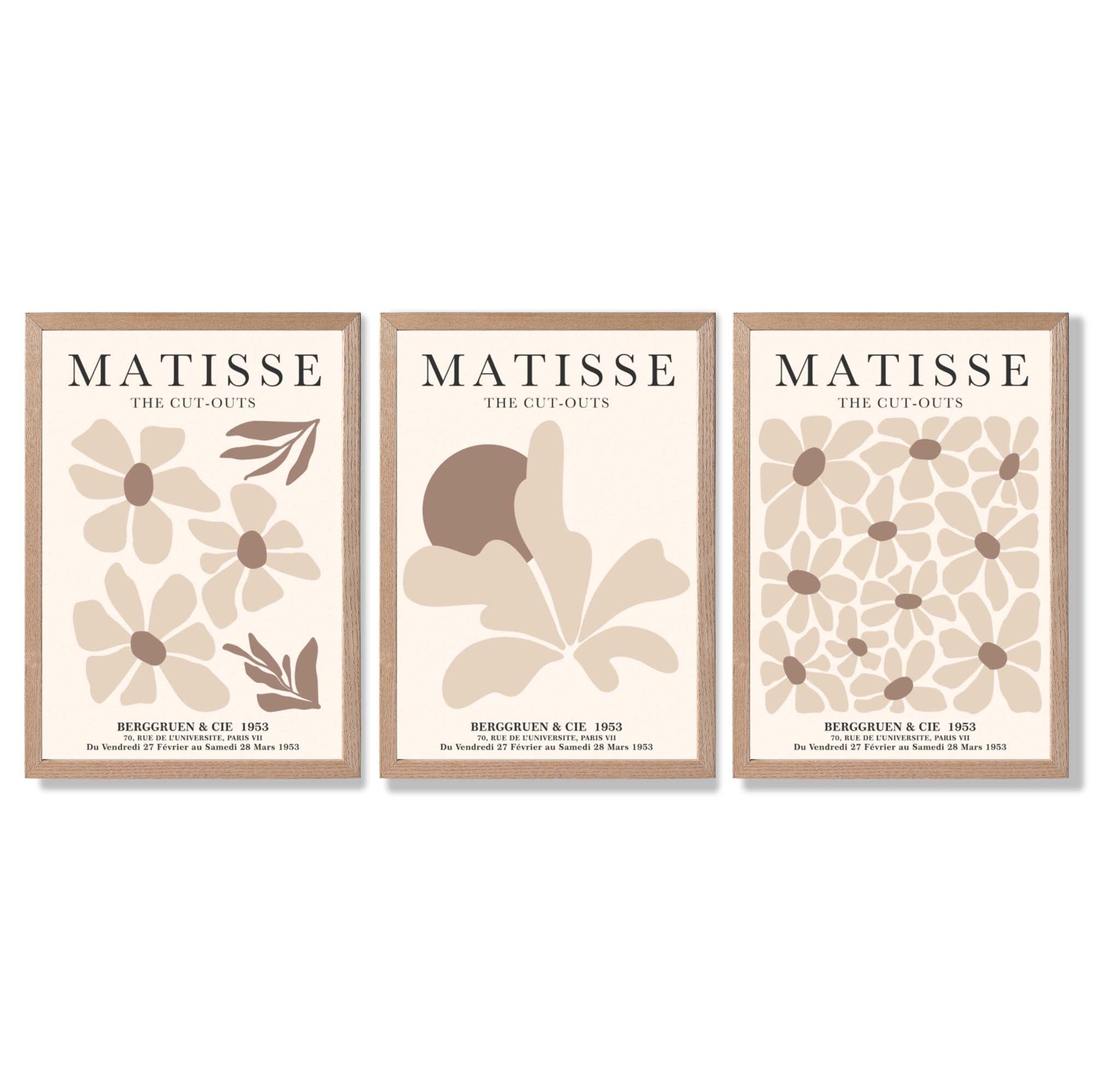 Matisse Florals Set of 3 Beige Framed Wall Art with Light Oak Frames