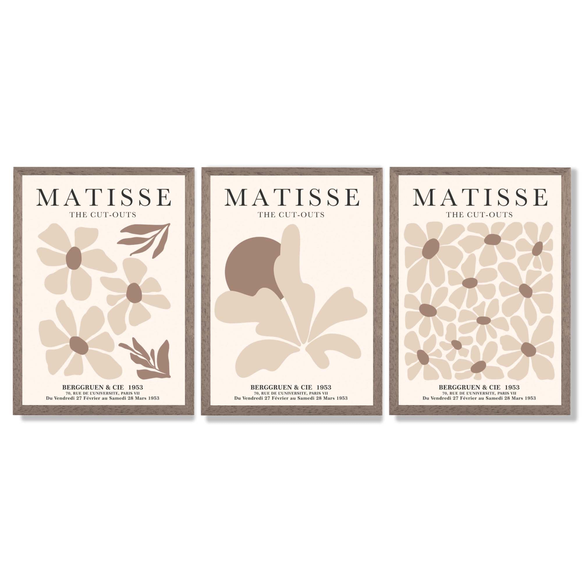 Matisse Florals Set of 3 Beige Framed Wall Art with Light Walnut Frames