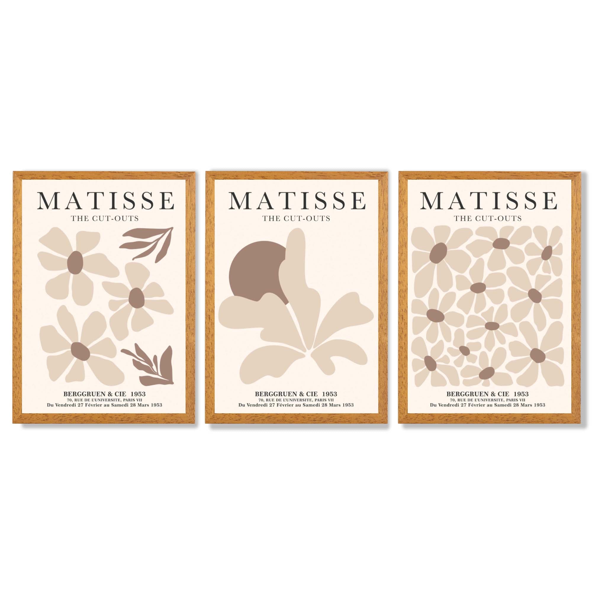 Matisse Florals Set of 3 Beige Framed Wall Art with Oak Wooden Frames
