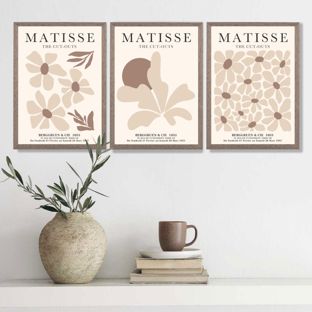 Matisse Florals Set of 3 Beige Art Prints in Oak Frames | Artze UK