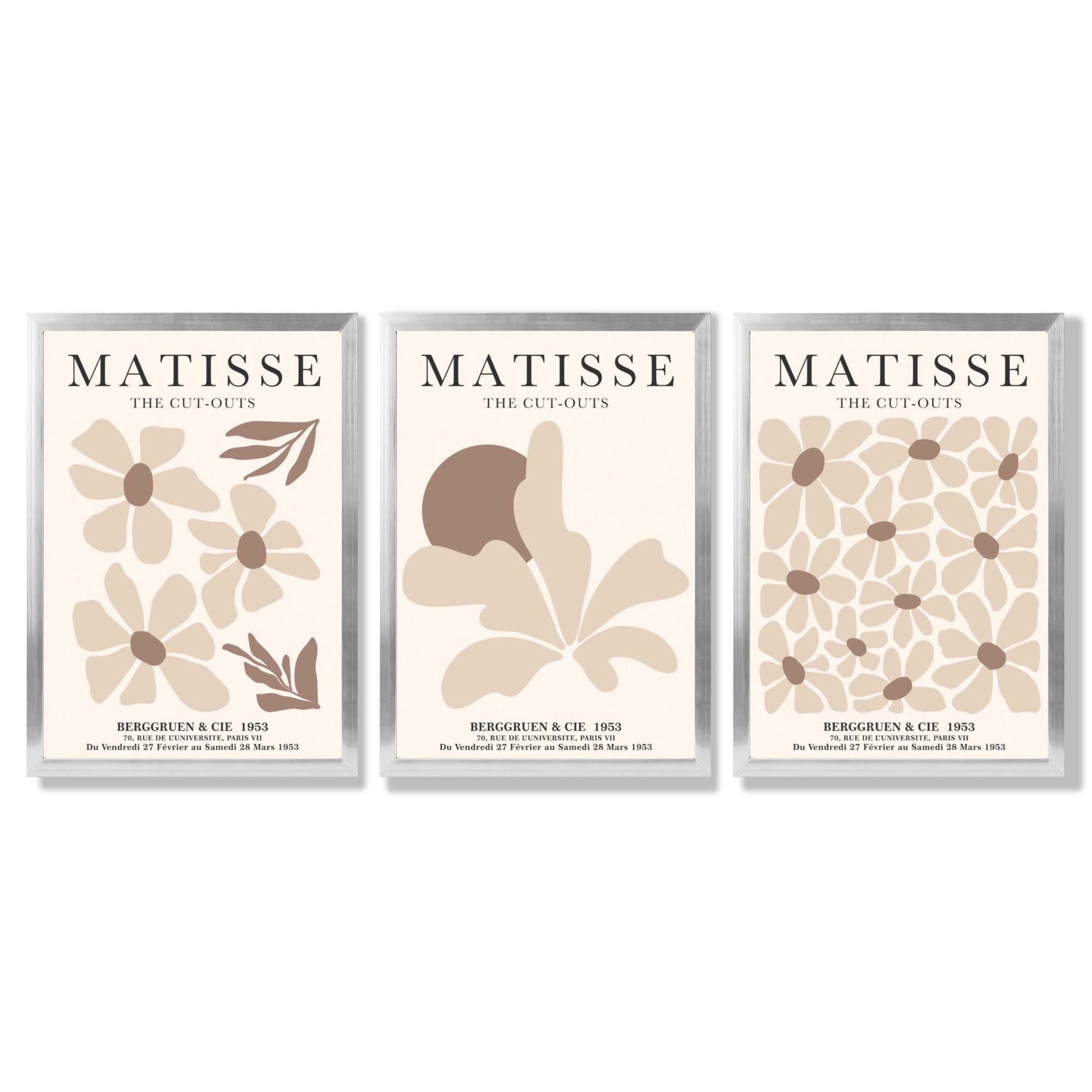 Matisse Florals Set of 3 Beige Framed Wall Art with Silver Wood Frames
