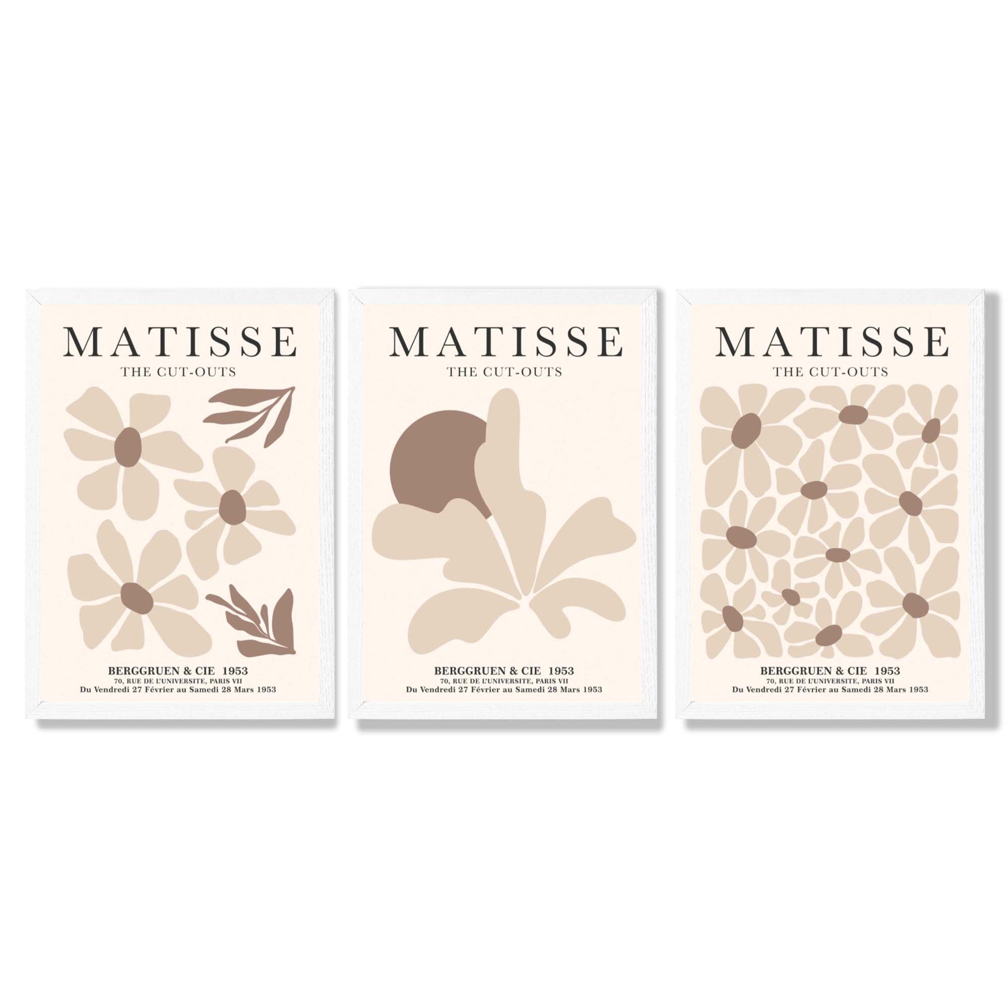 Matisse Florals Set of 3 Beige Framed Wall Art with White Wooden Frames
