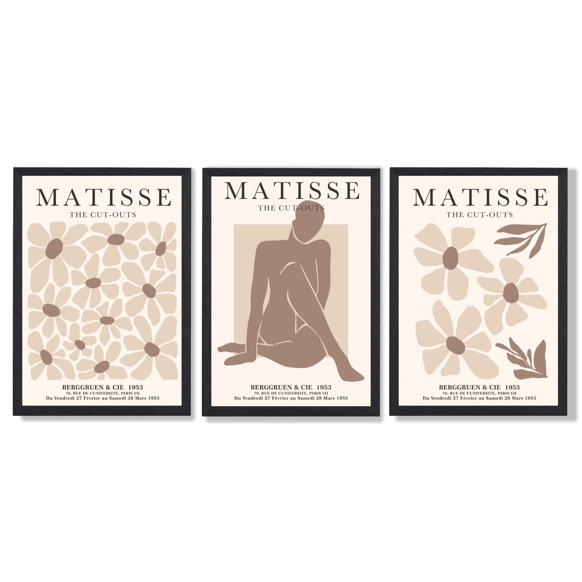 Matisse Florals Fashion Set of 3 Beige Framed Wall Art with Black Wooden Frames