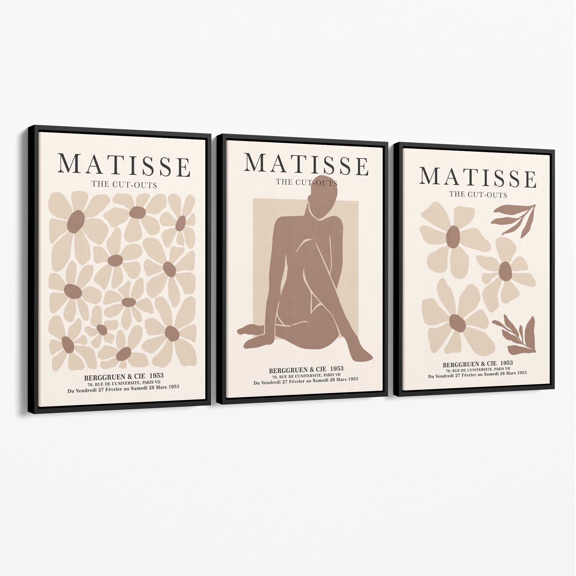 Matisse Florals Fashion Set of 3 Beige Canvas Prints with Black Float Frame