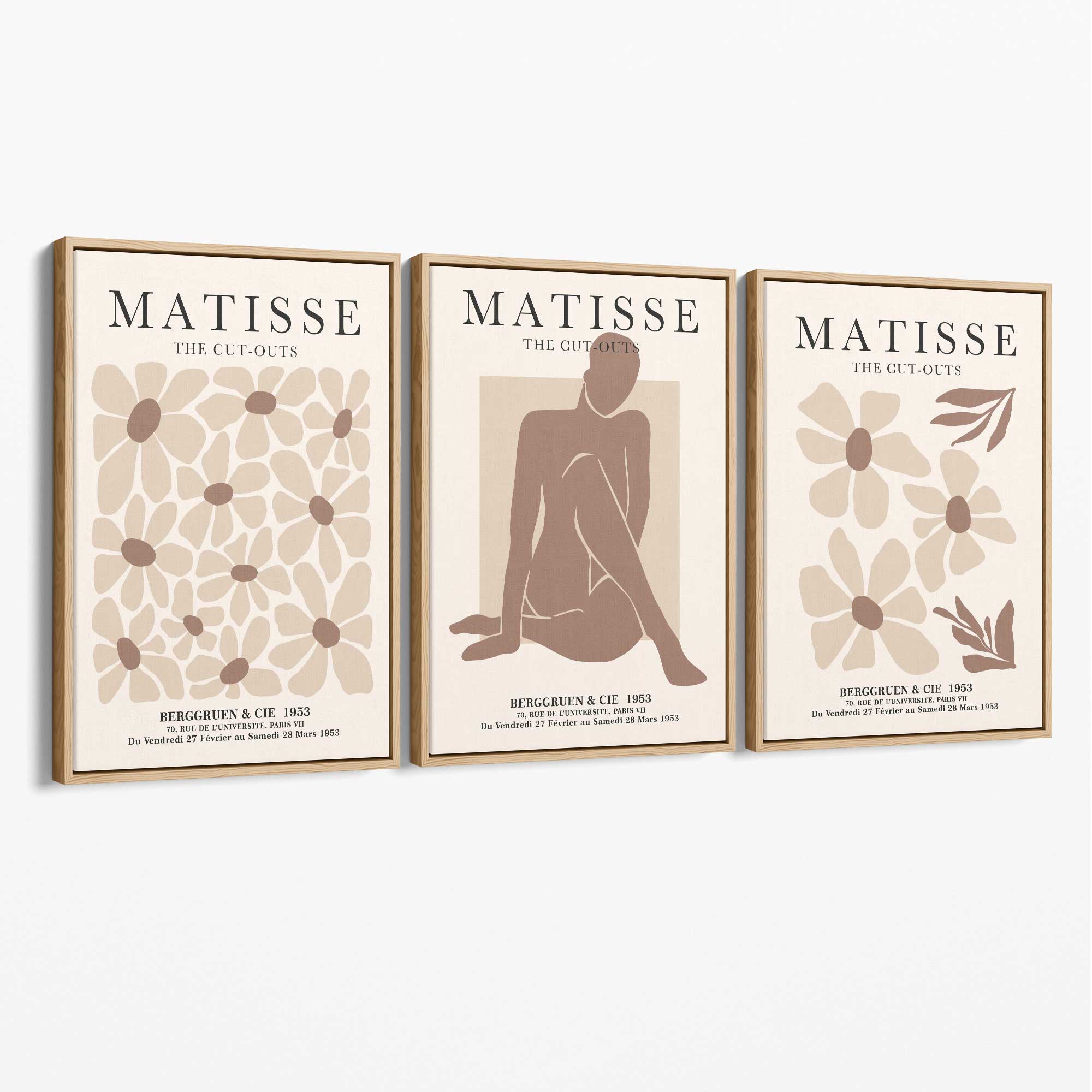 Matisse Florals Fashion Set of 3 Beige Canvas Prints with Oak Float Frame