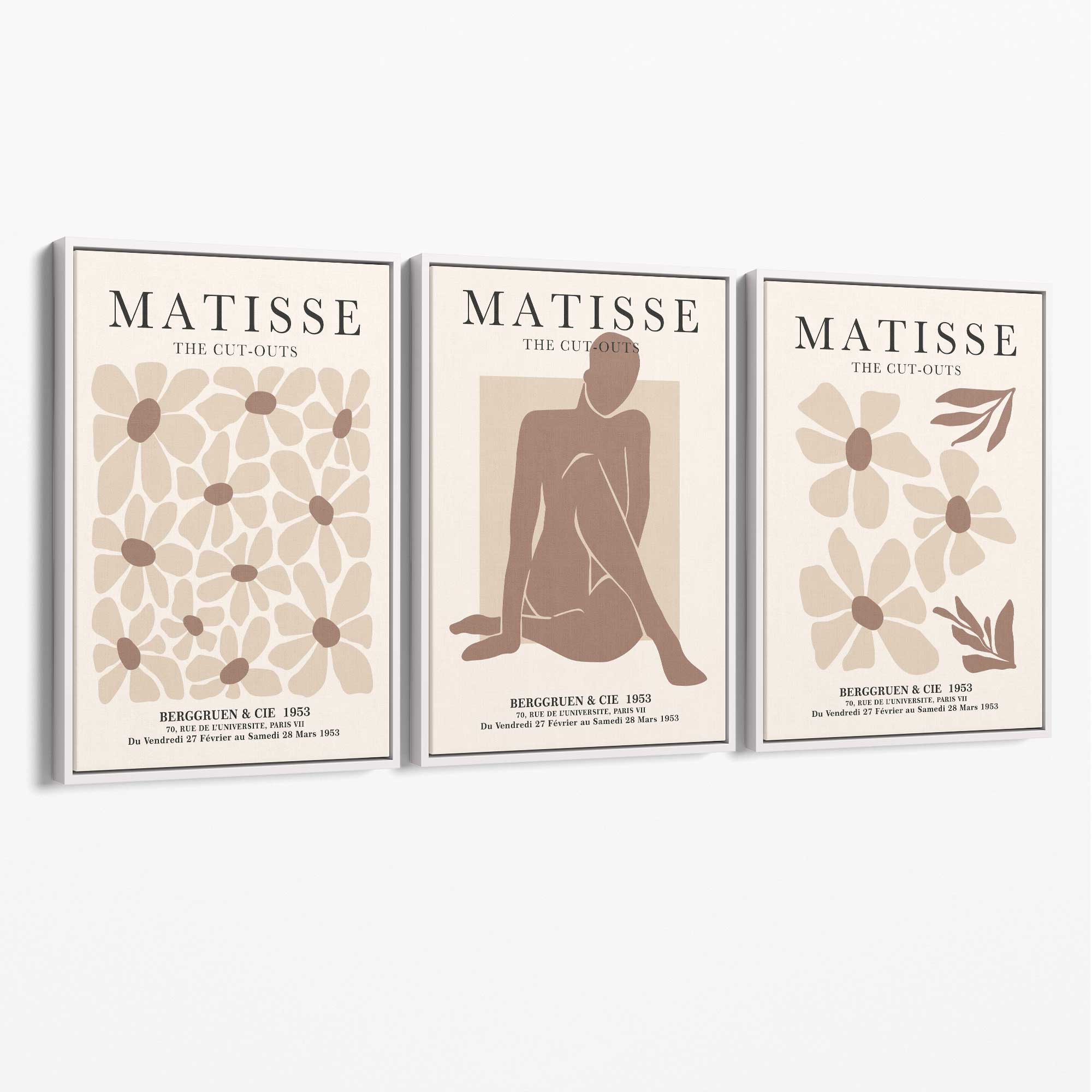 Matisse Florals Fashion Set of 3 Beige Canvas Prints with White Float Frame