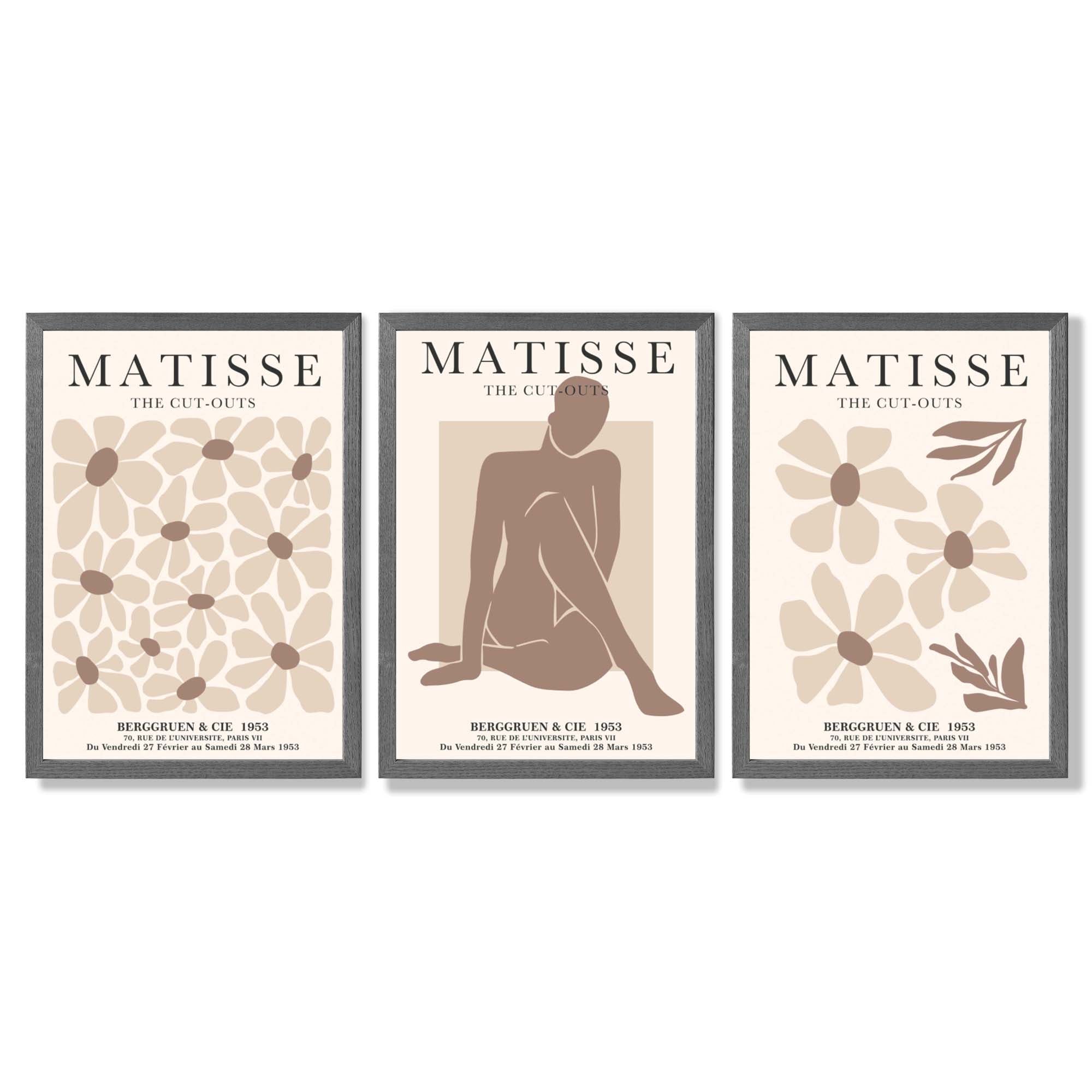 Matisse Florals Fashion Set of 3 Beige Framed Wall Art with Dark Grey Wooden Frames