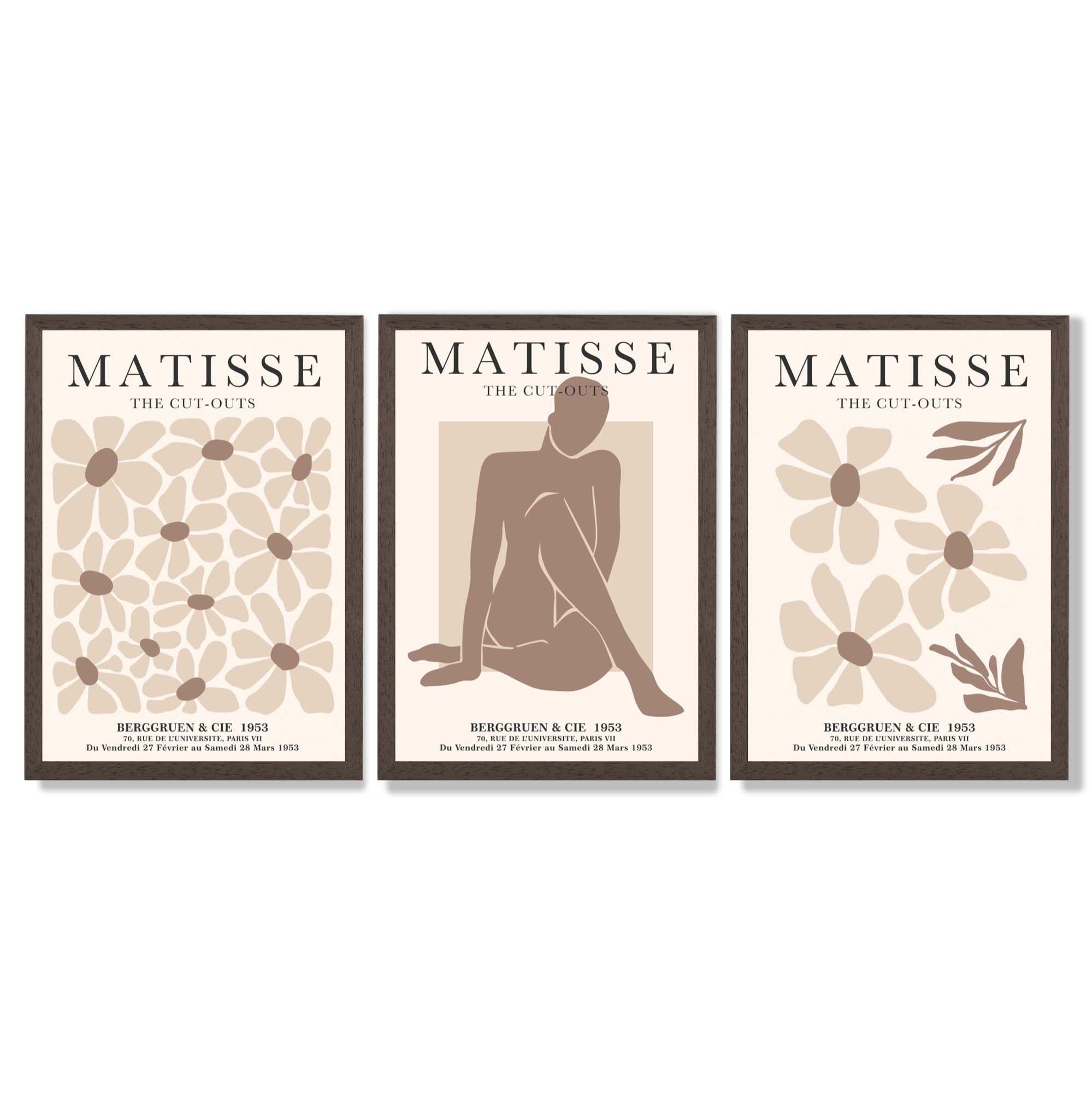Matisse Florals Fashion Set of 3 Beige Framed Wall Art with Dark Wood Frames