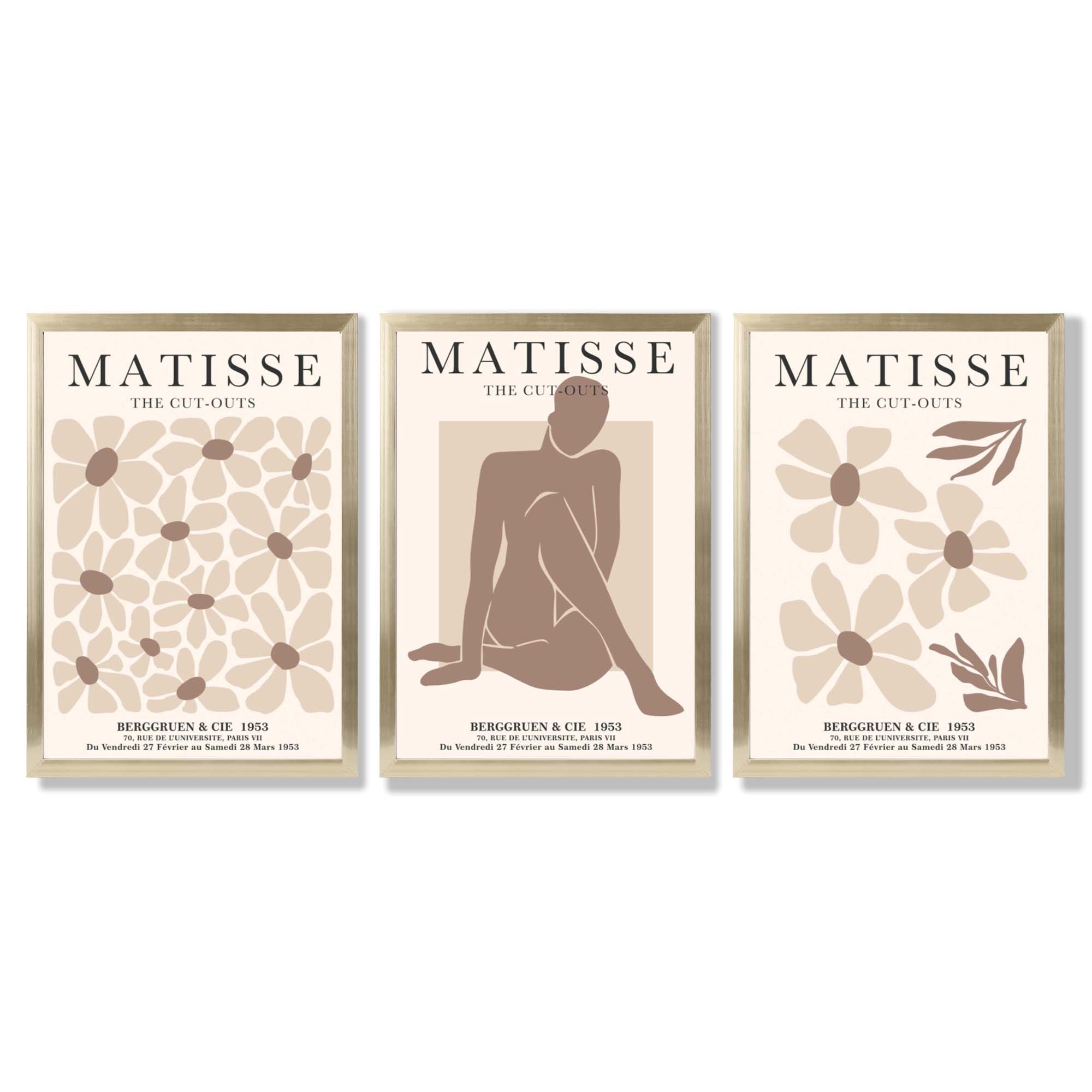 Matisse Florals Fashion Set of 3 Beige Framed Wall Art with Gold Wood Frames