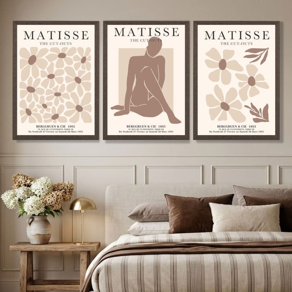 Matisse Florals Fashion Set of 3 Beige Art Prints in Black Frames | Artze UK