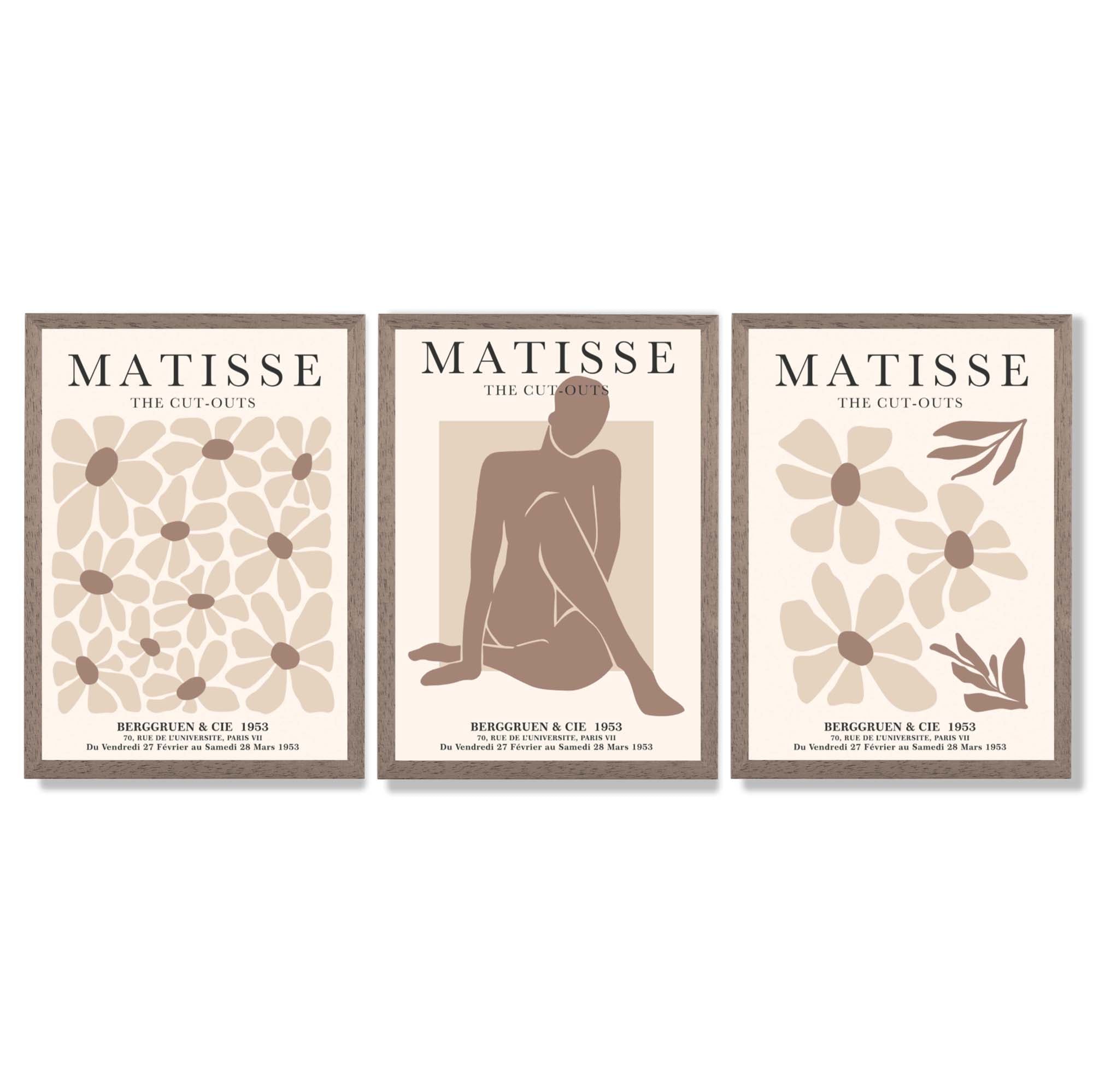 Matisse Florals Fashion Set of 3 Beige Framed Wall Art with Light Walnut Frames