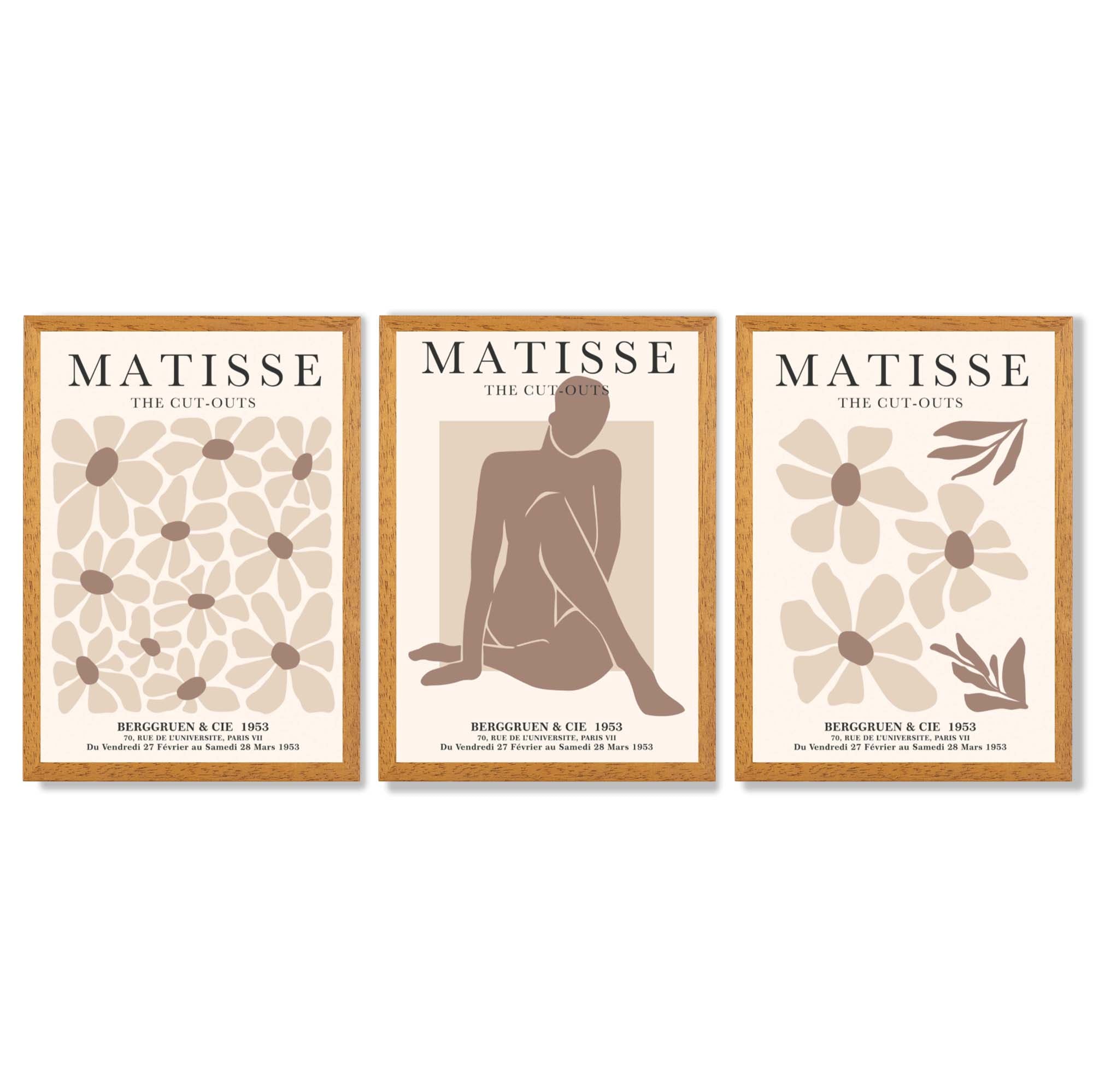 Matisse Florals Fashion Set of 3 Beige Framed Wall Art with Oak Wooden Frames