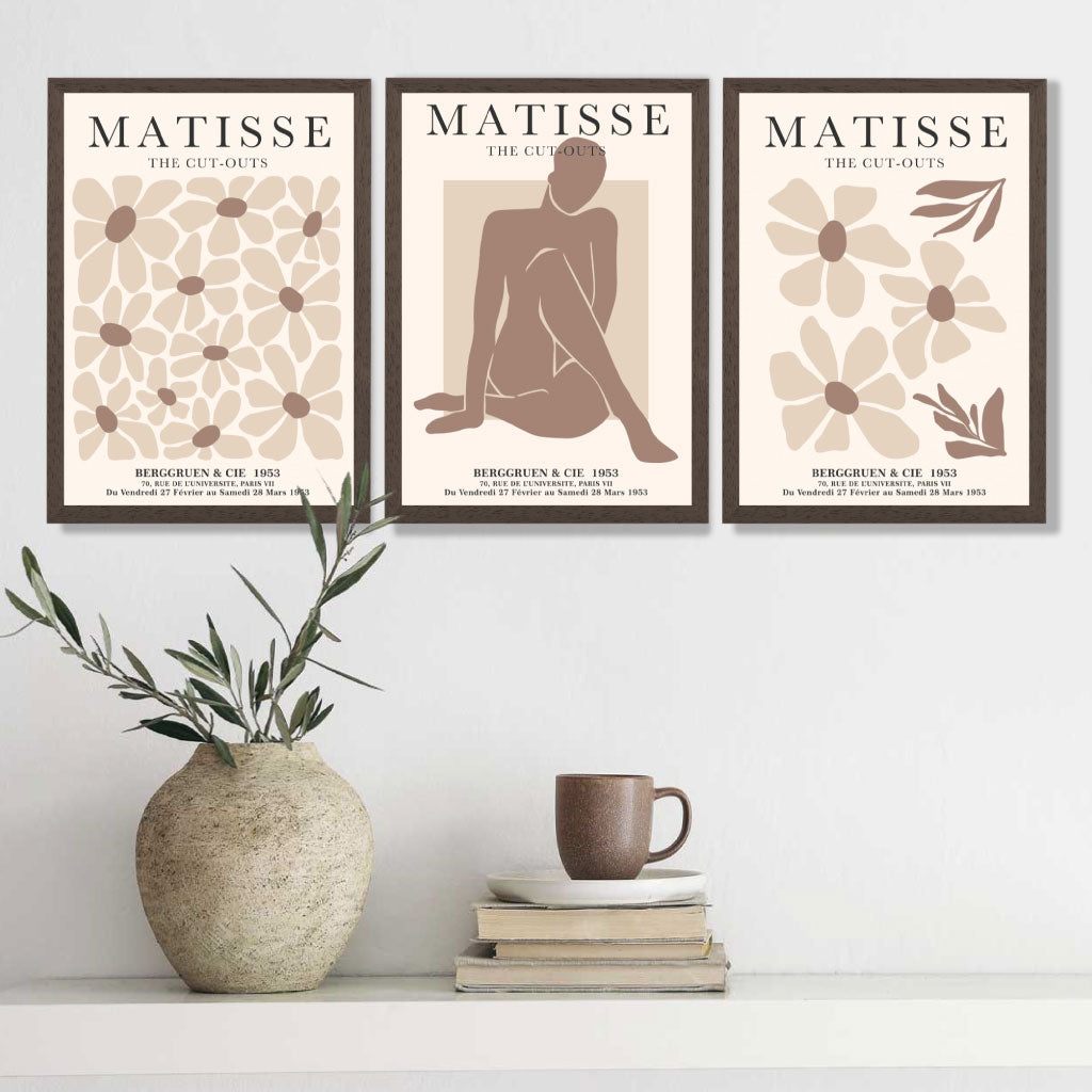 Matisse Florals Fashion Set of 3 Beige Art Prints in Oak Frames | Artze UK