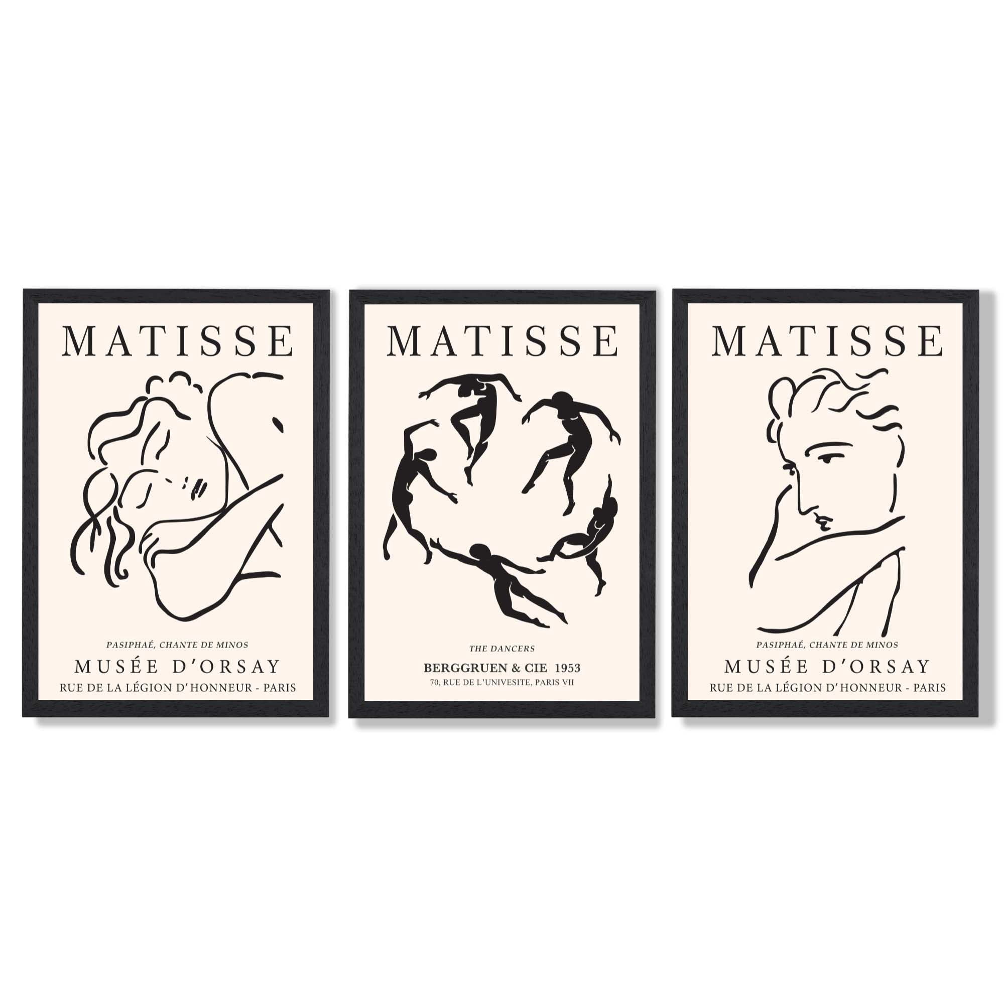 Matisse Minimal Line Art Fashion Set of 3 Black and Cream Framed Wall Art with Black Wooden Frames