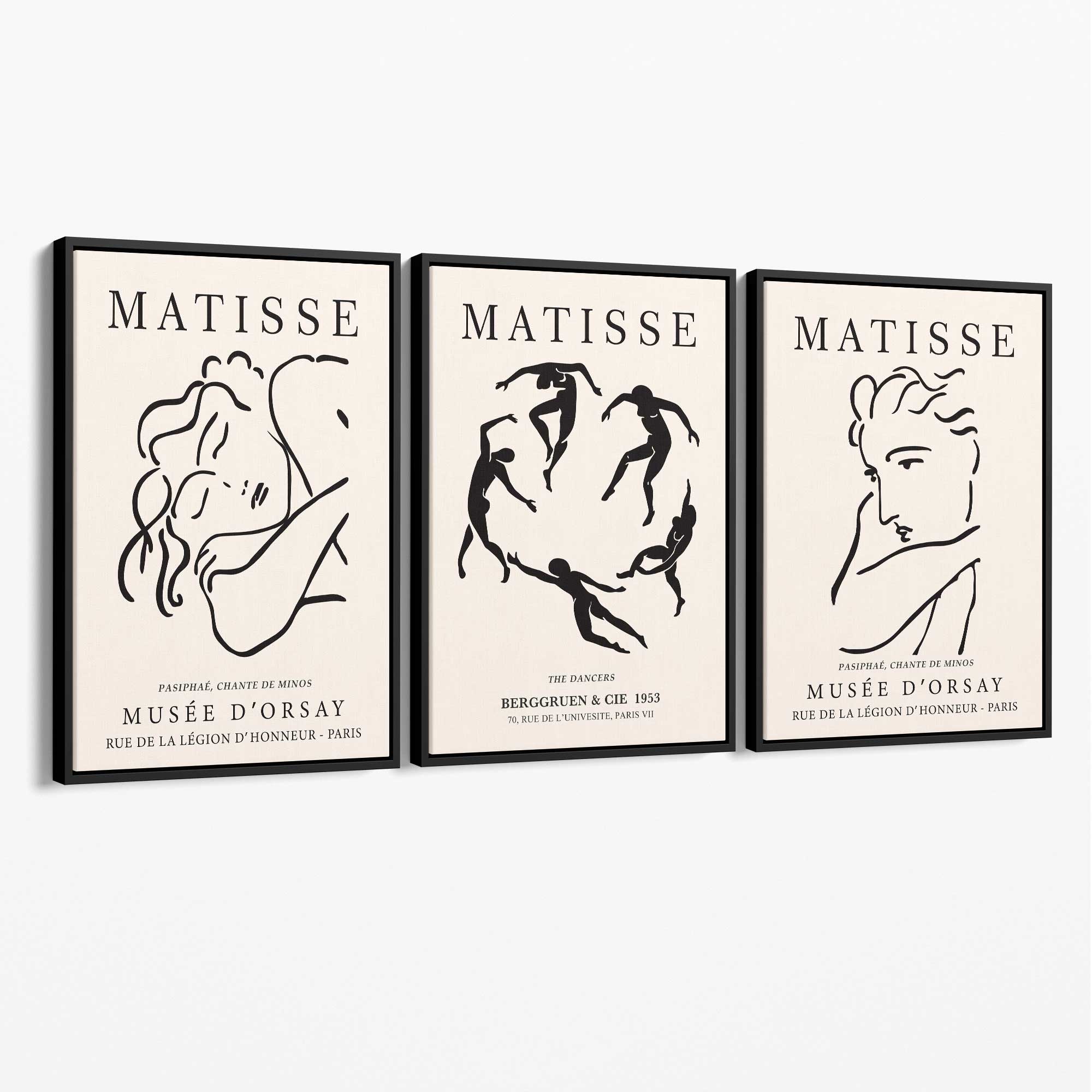 Matisse Minimal Line Art Fashion Set of 3 Black and Cream Canvas Prints with Black Float Frame