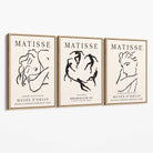 Matisse Minimal Line Art Fashion Set of 3 Black and Cream Canvas Prints with Oak Float Frame