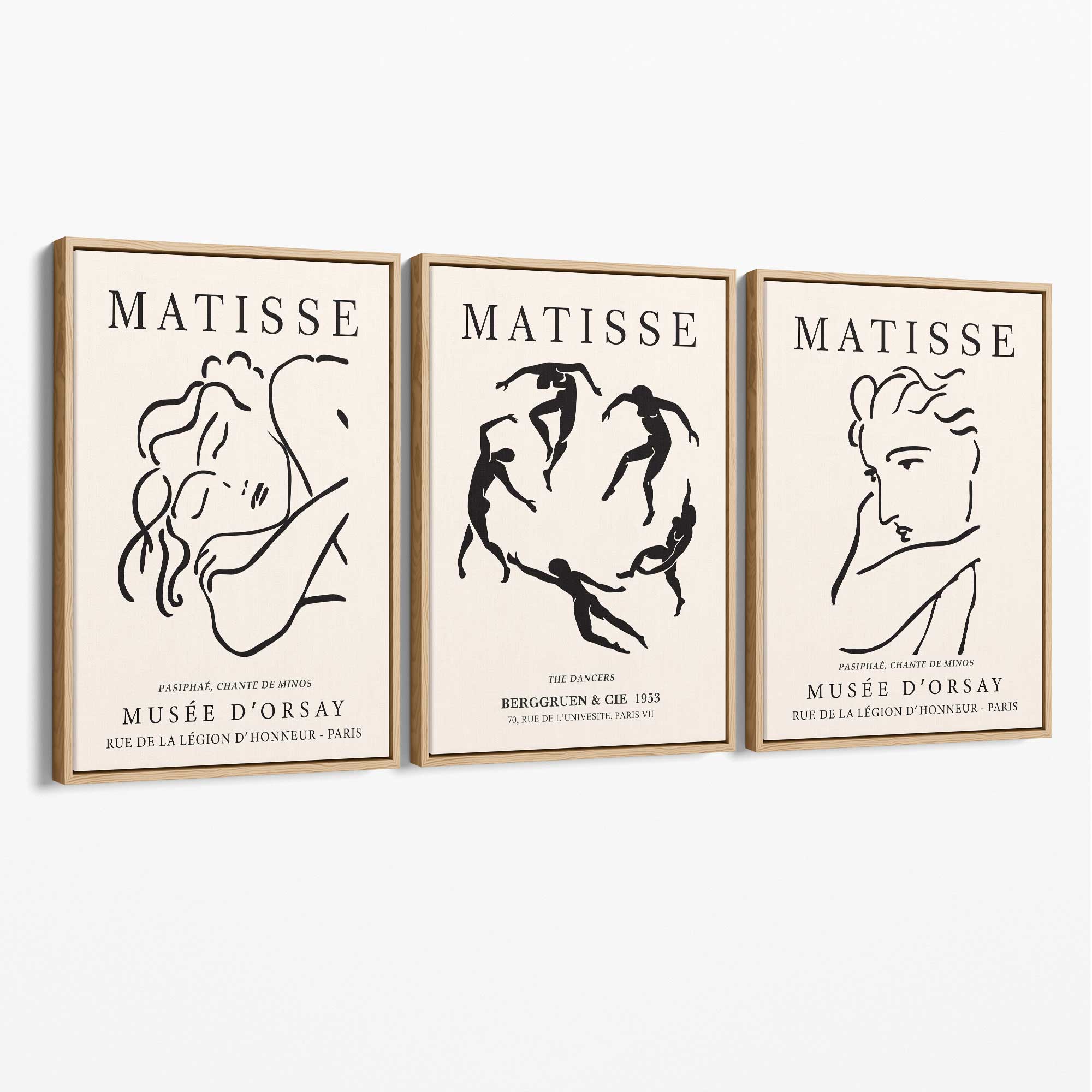 Matisse Minimal Line Art Fashion Set of 3 Black and Cream Canvas Prints with Oak Float Frame